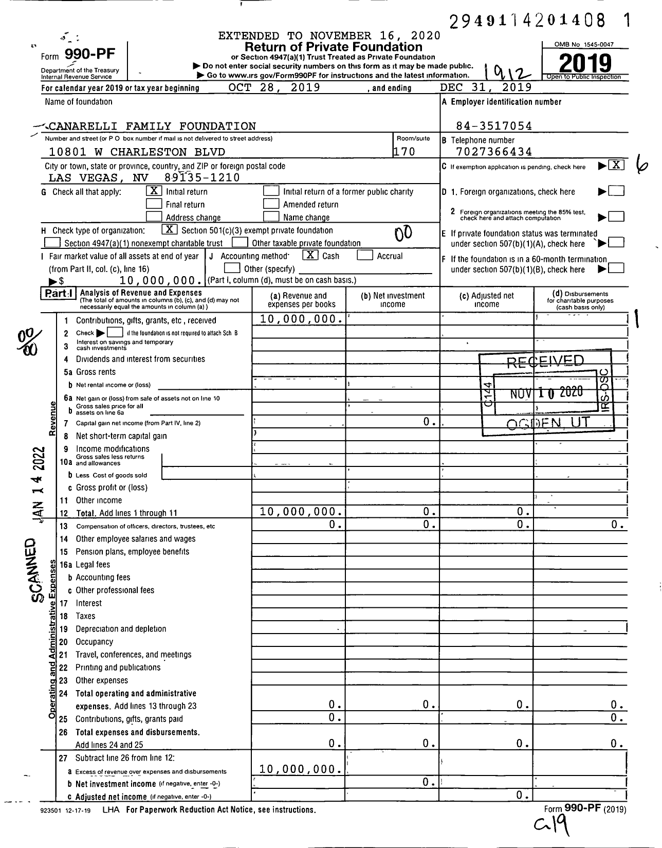 Image of first page of 2019 Form 990PF for Canarelli Family Foundation