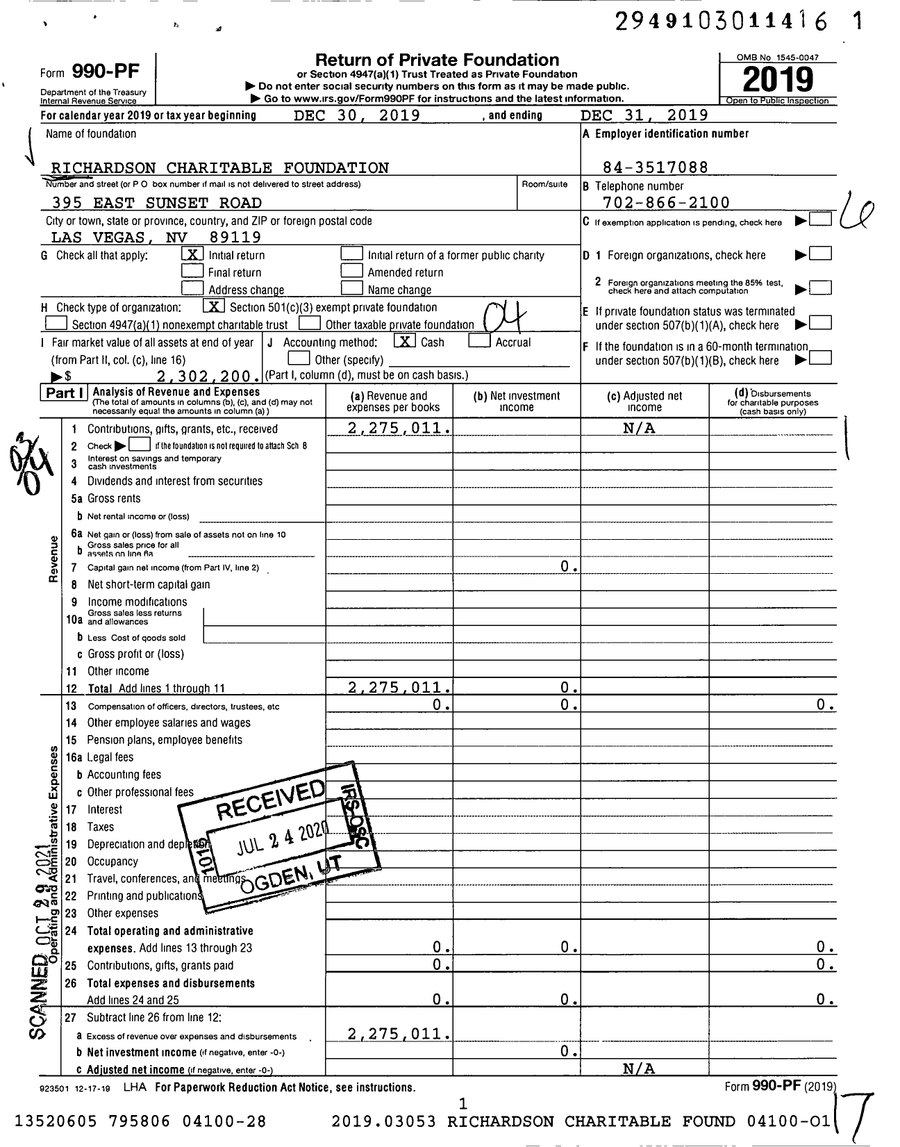 Image of first page of 2019 Form 990PF for Richardson Charitable Foundation