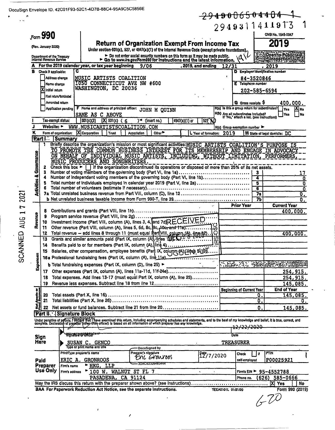 Image of first page of 2019 Form 990O for Music Artists Coalition