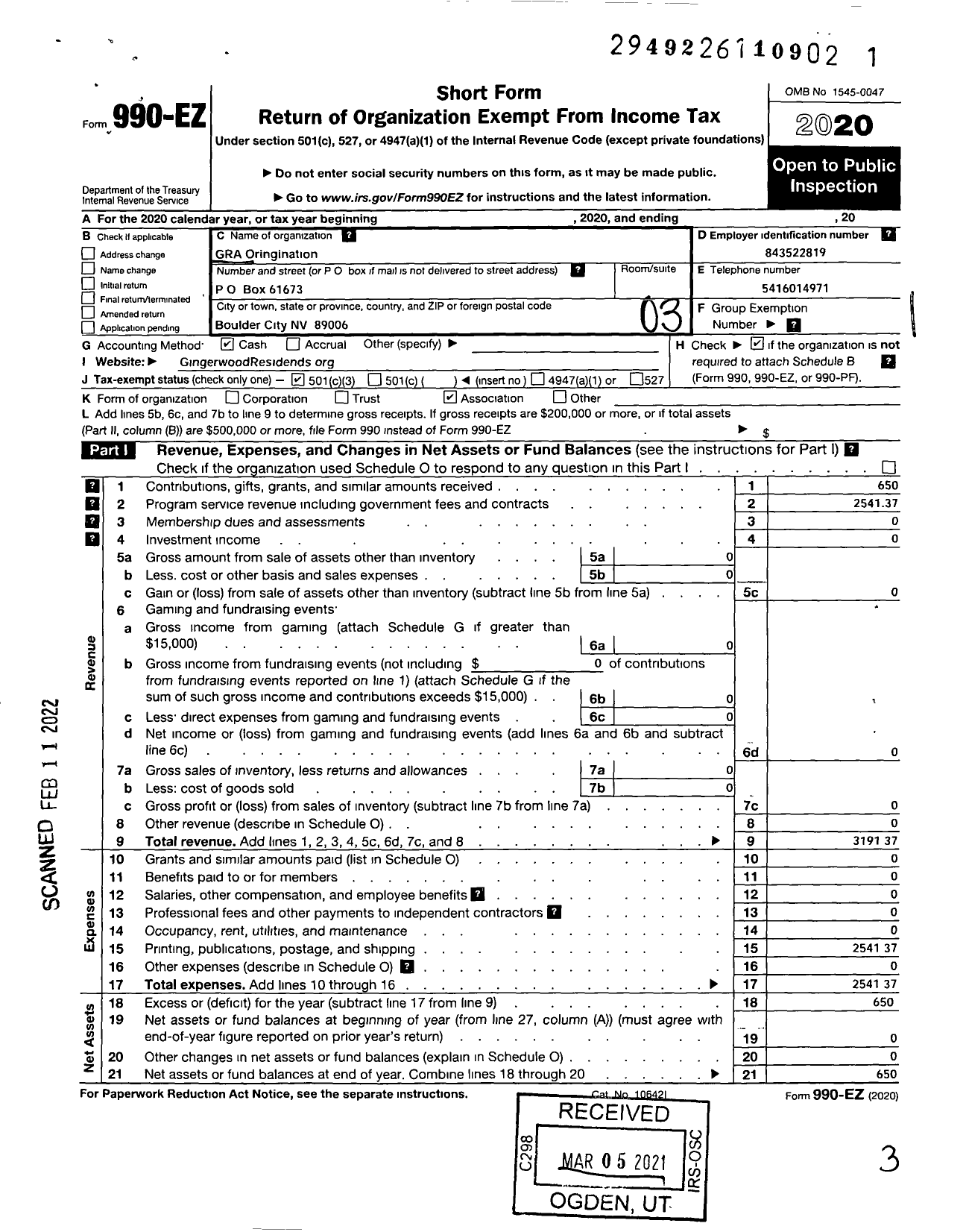 Image of first page of 2020 Form 990EZ for Gra Oringination