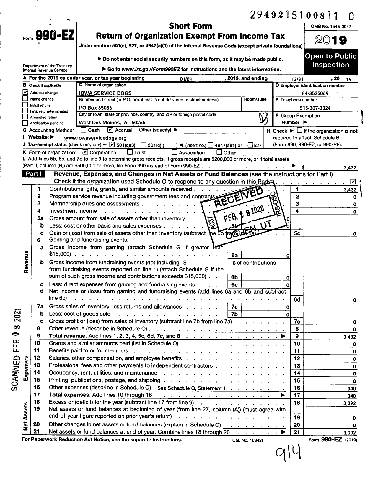 Image of first page of 2019 Form 990EZ for Iowa Service Dogs