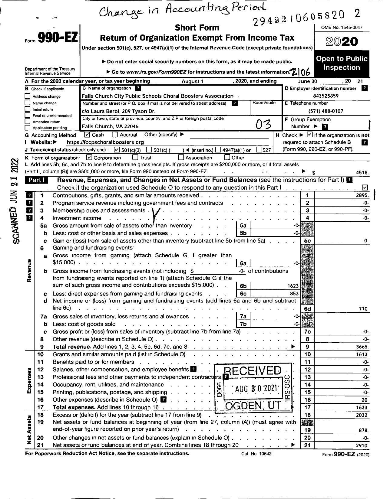 Image of first page of 2020 Form 990EZ for Falls Church City Public Schools Choral Boosters Association