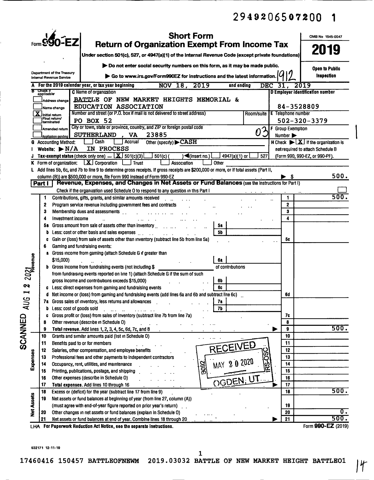 Image of first page of 2019 Form 990EZ for Battle of New Market Heights Memorial and Education Association