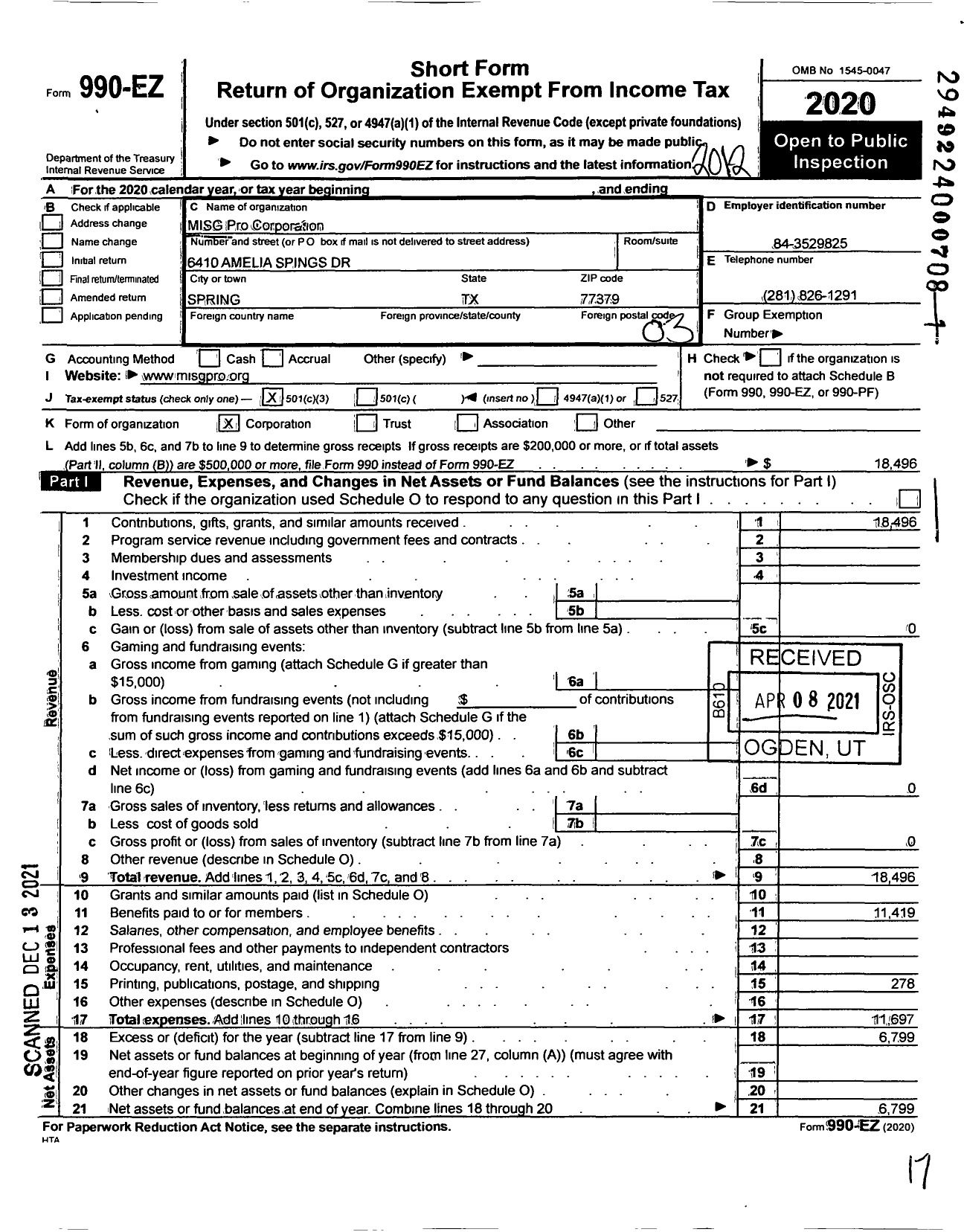 Image of first page of 2020 Form 990EZ for MISG Pro Corporation