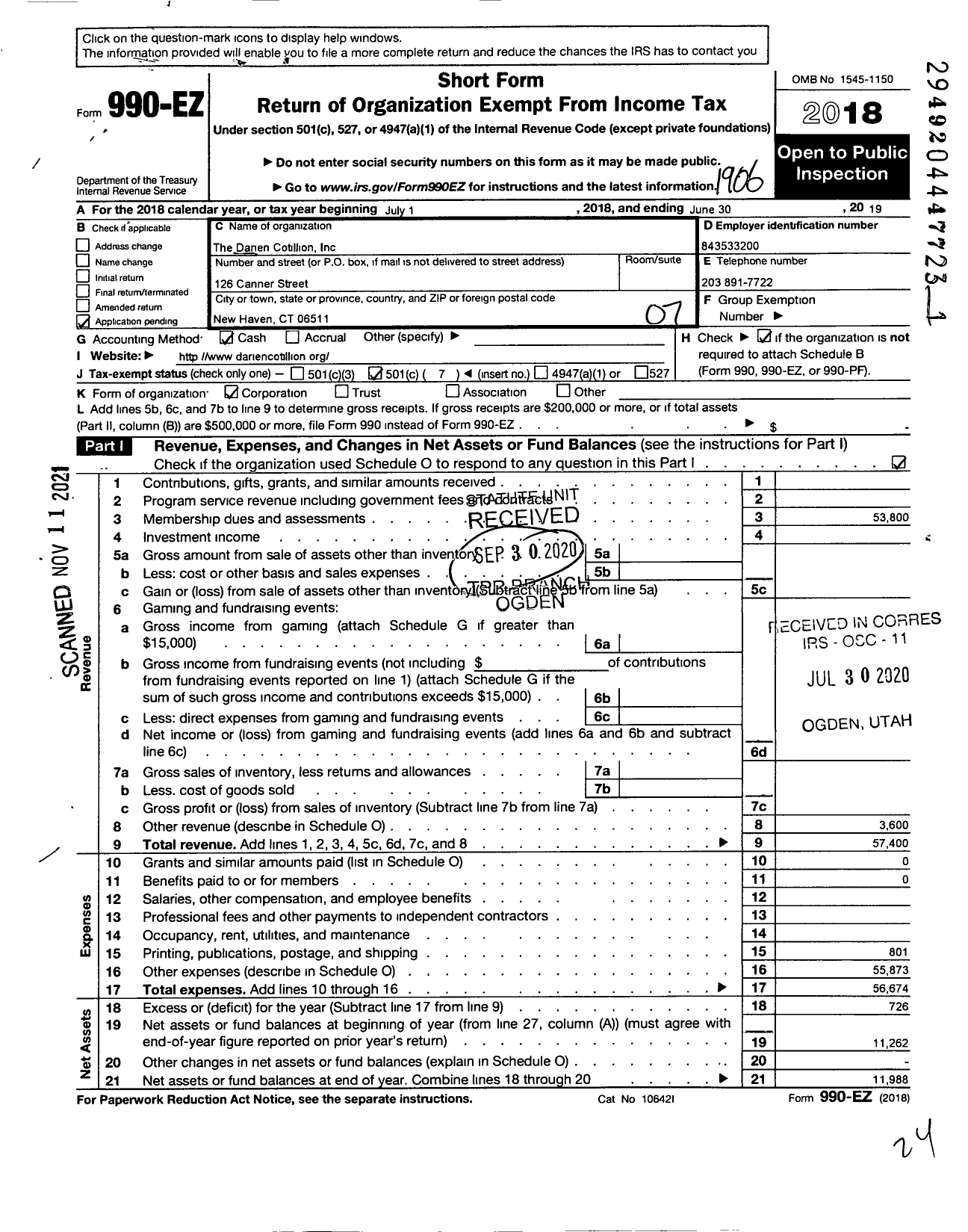 Image of first page of 2018 Form 990EO for The Darien Cotillion