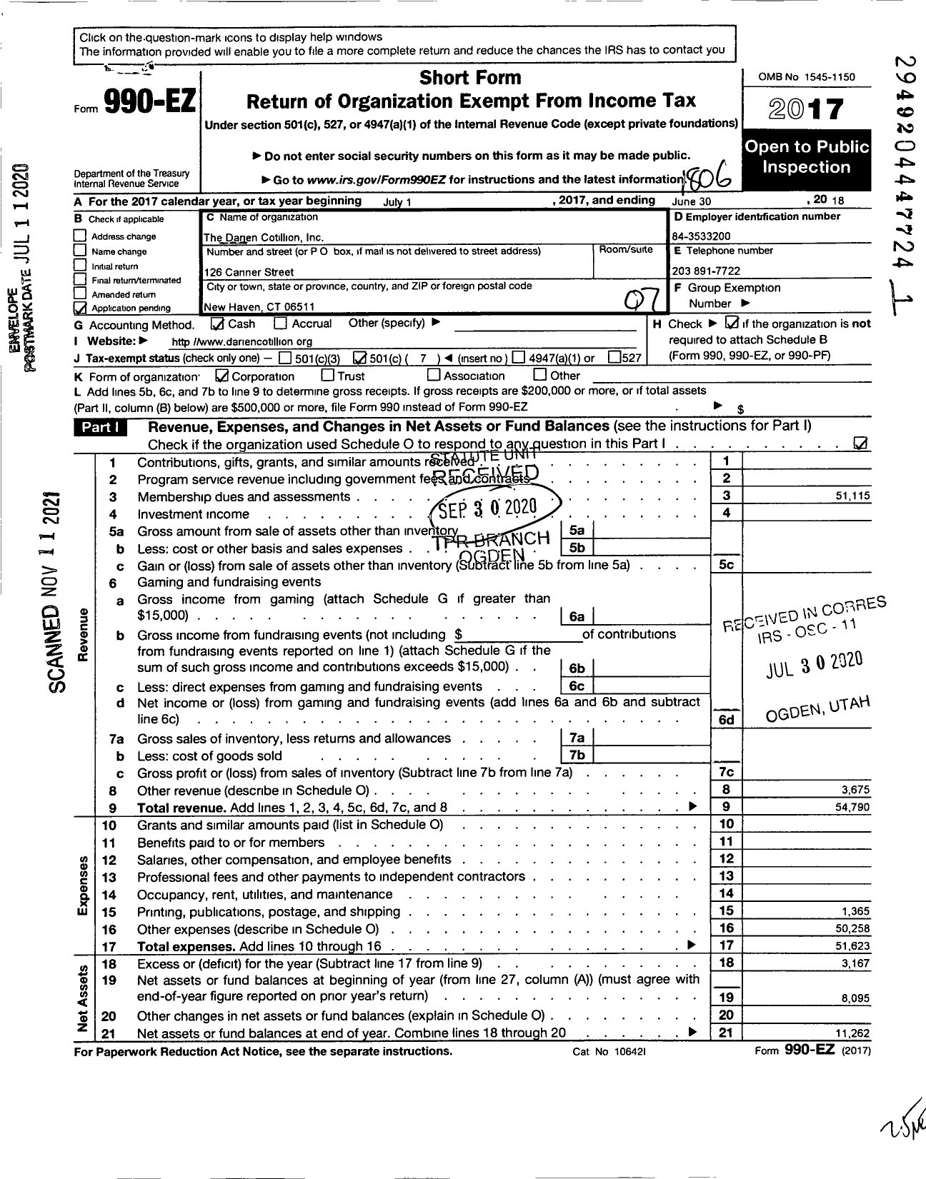 Image of first page of 2017 Form 990EO for The Darien Cotillion