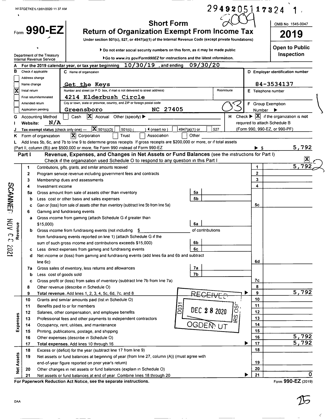 Image of first page of 2019 Form 990EZ for Get the Keys