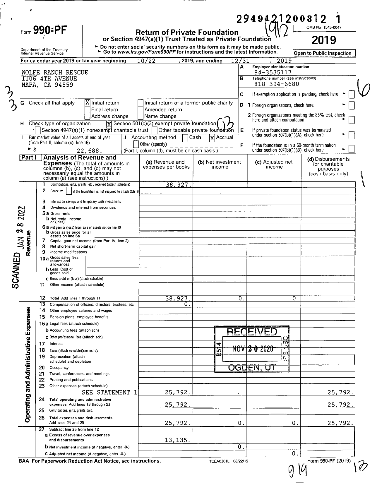 Image of first page of 2019 Form 990PF for Wolfe Ranch Rescue