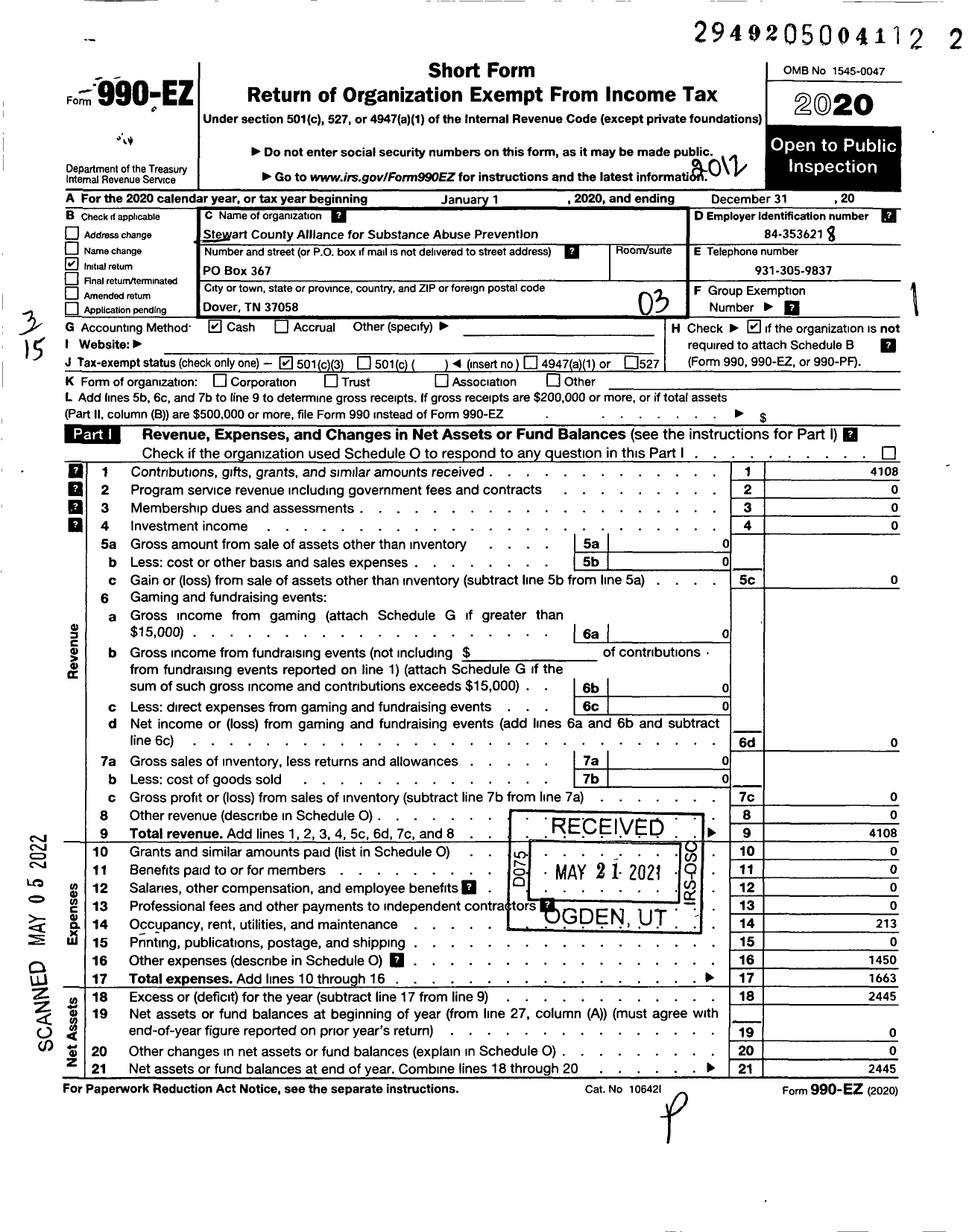 Image of first page of 2020 Form 990EZ for Stewart County Alliance for Substance