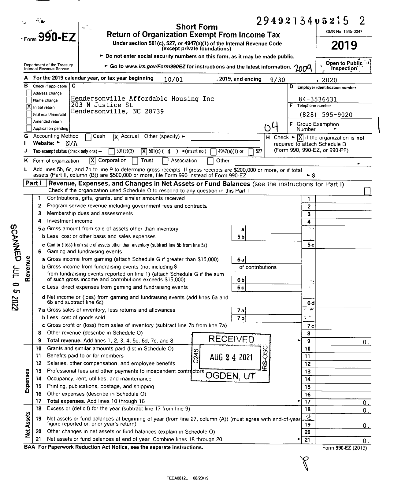 Image of first page of 2019 Form 990EO for Hendersonville Affordable Housing