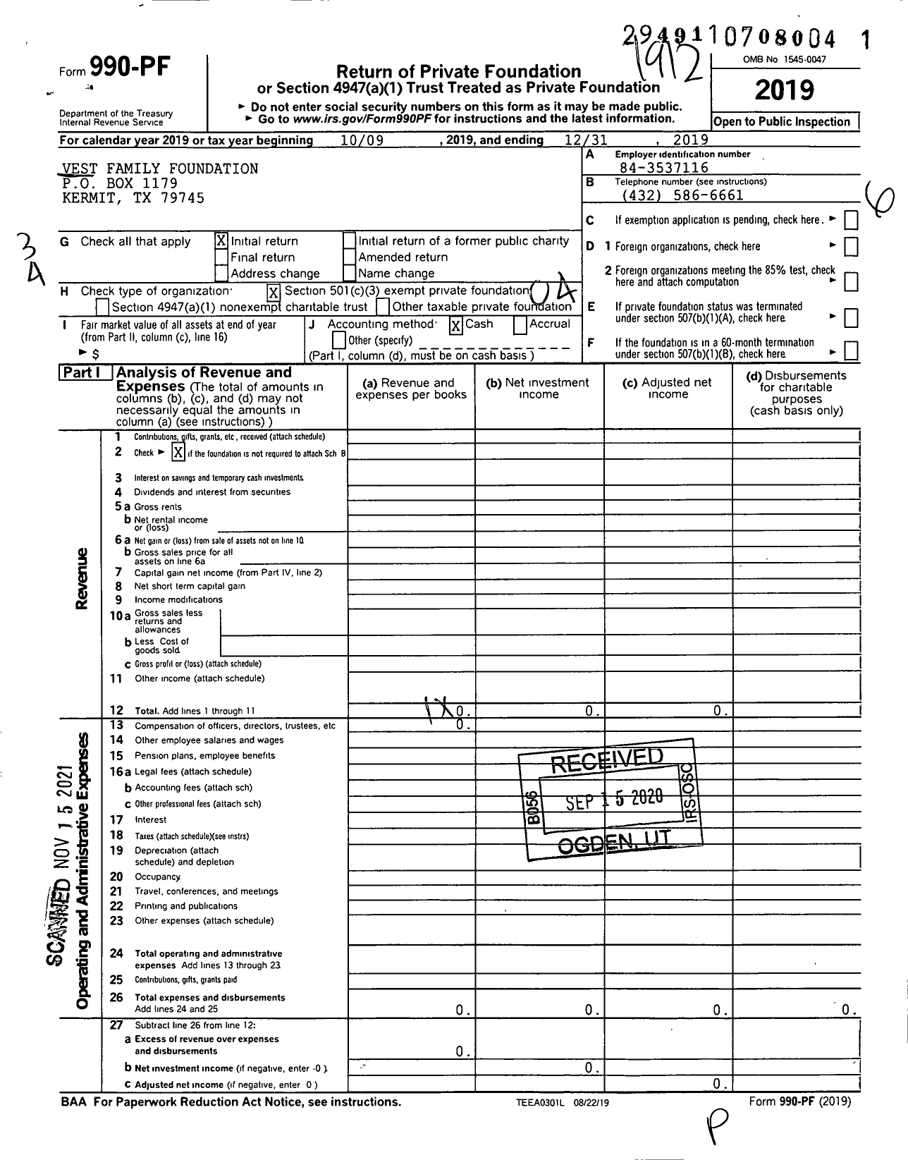 Image of first page of 2019 Form 990PF for Vest Family Foundation