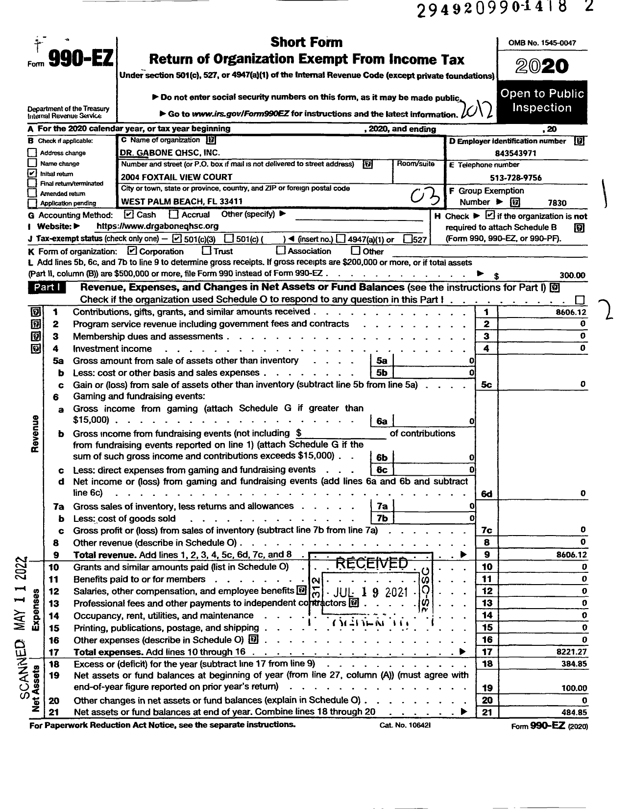 Image of first page of 2020 Form 990EZ for Dr Gabone QHSC