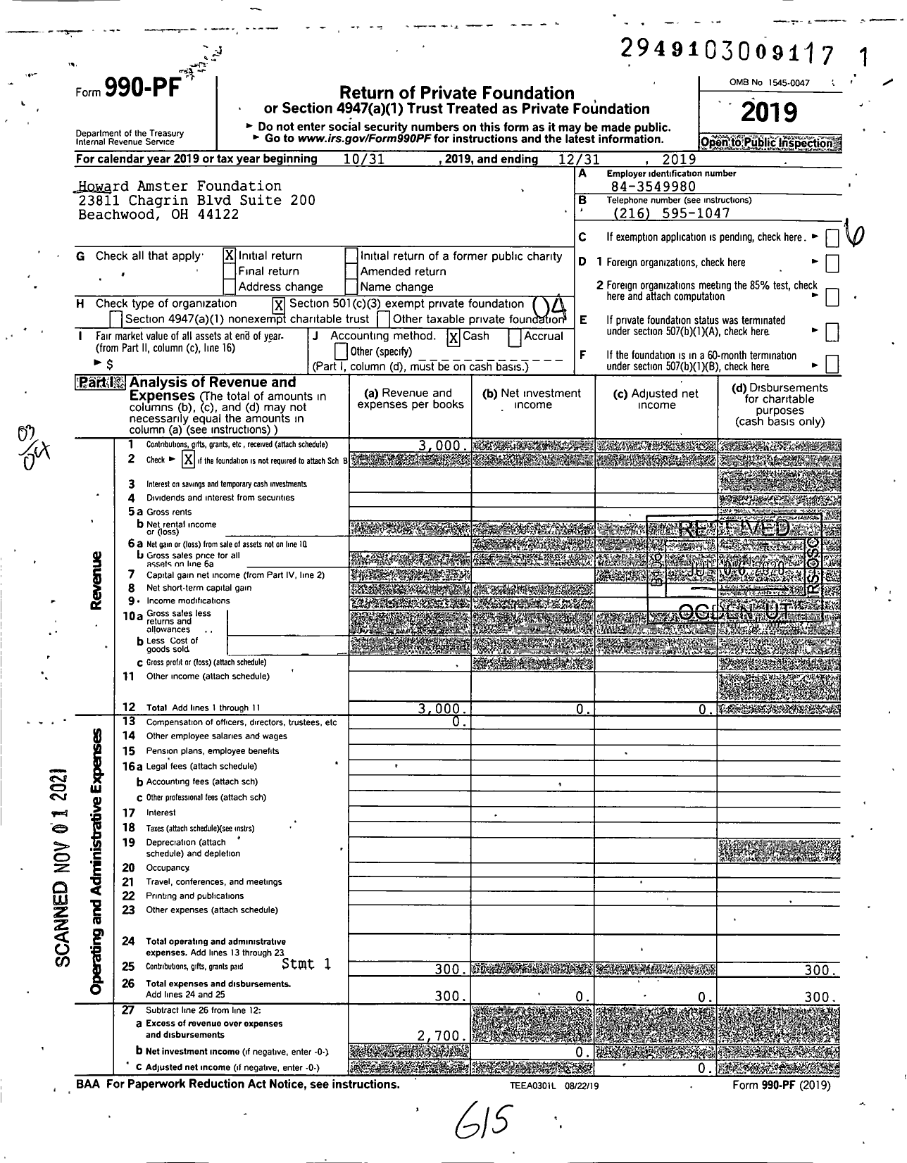 Image of first page of 2019 Form 990PF for Howard Amster Foundation