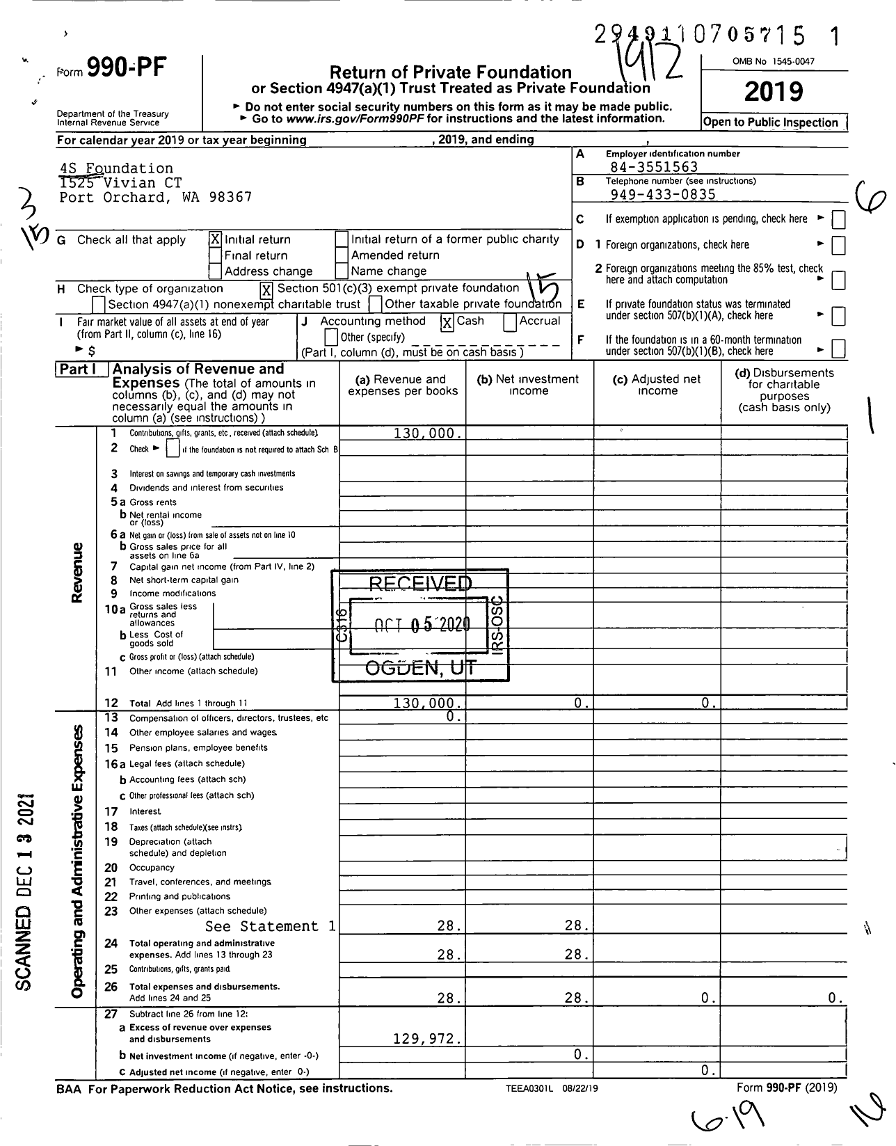 Image of first page of 2019 Form 990PF for 4S Foundation