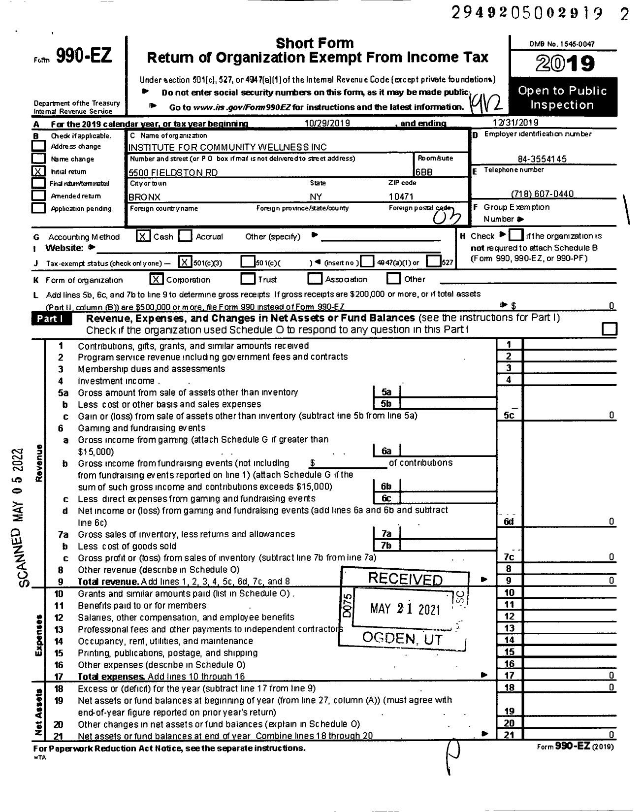 Image of first page of 2019 Form 990EZ for Institute for Community Wellness