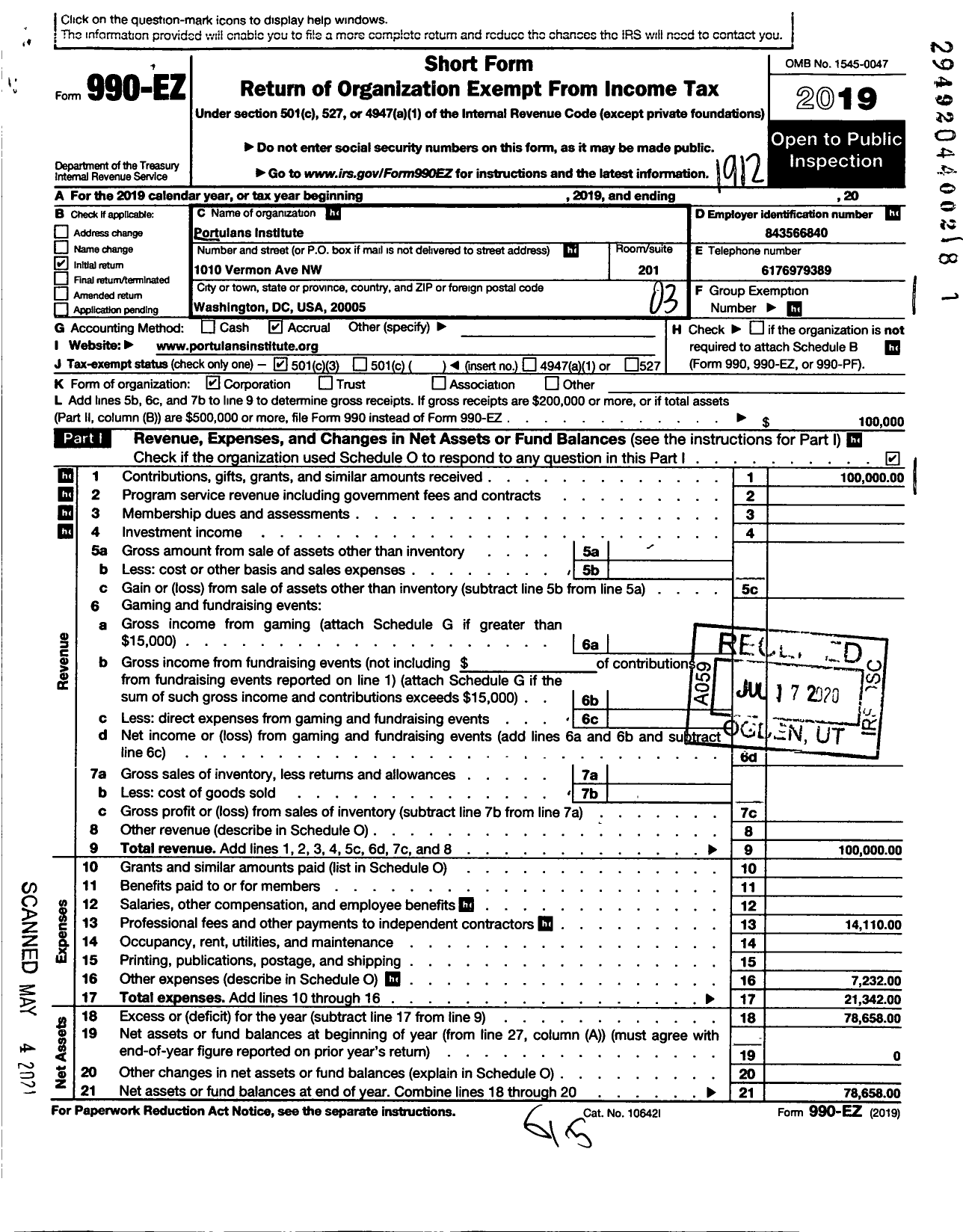 Image of first page of 2019 Form 990EZ for Portulans Institute