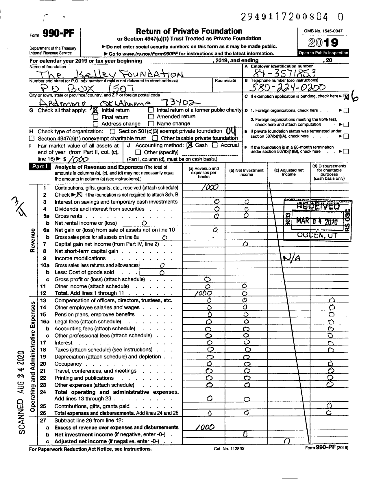 Image of first page of 2019 Form 990PR for Kelley Foundation