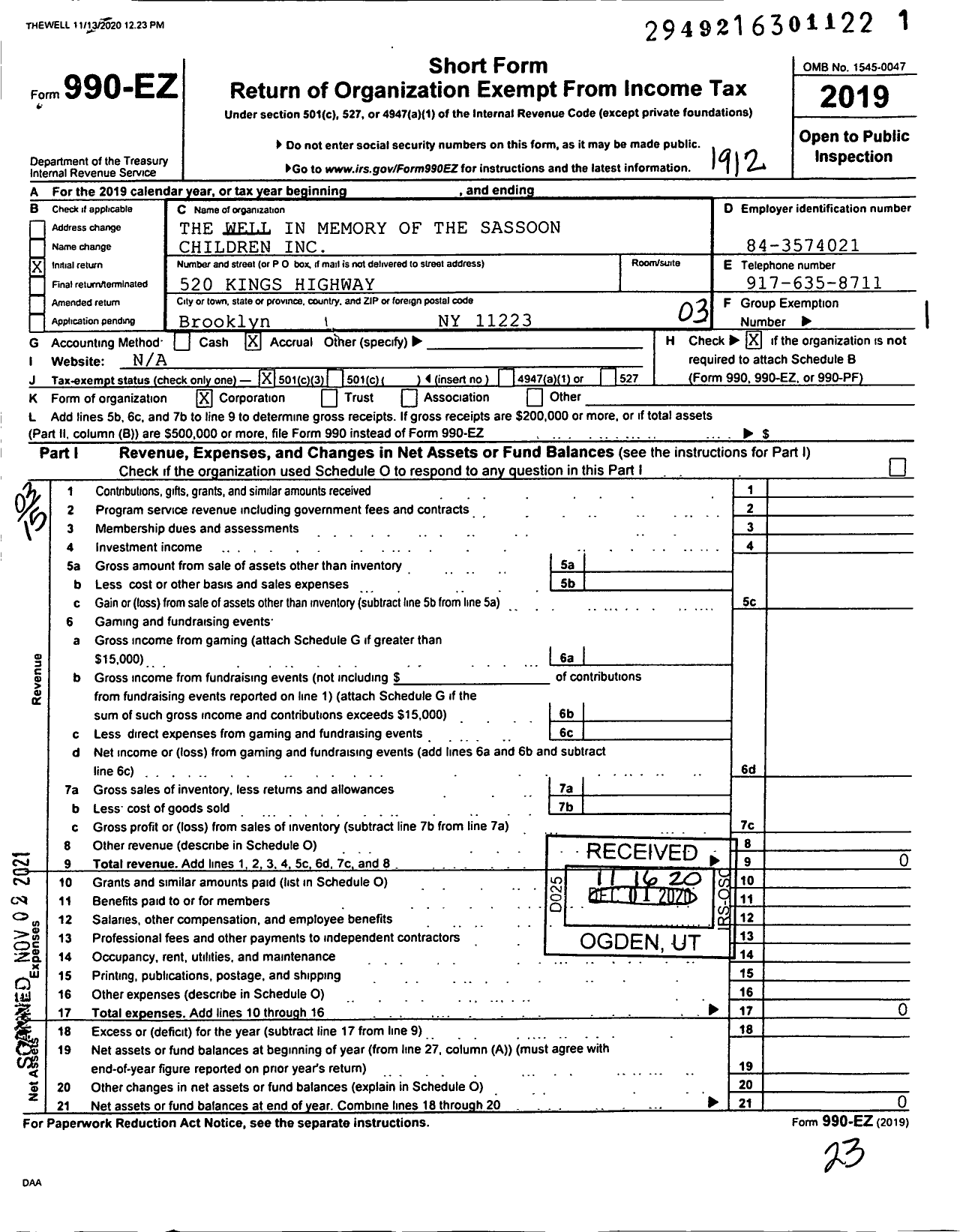 Image of first page of 2019 Form 990EZ for The Well in Memory of the Sassoon Children