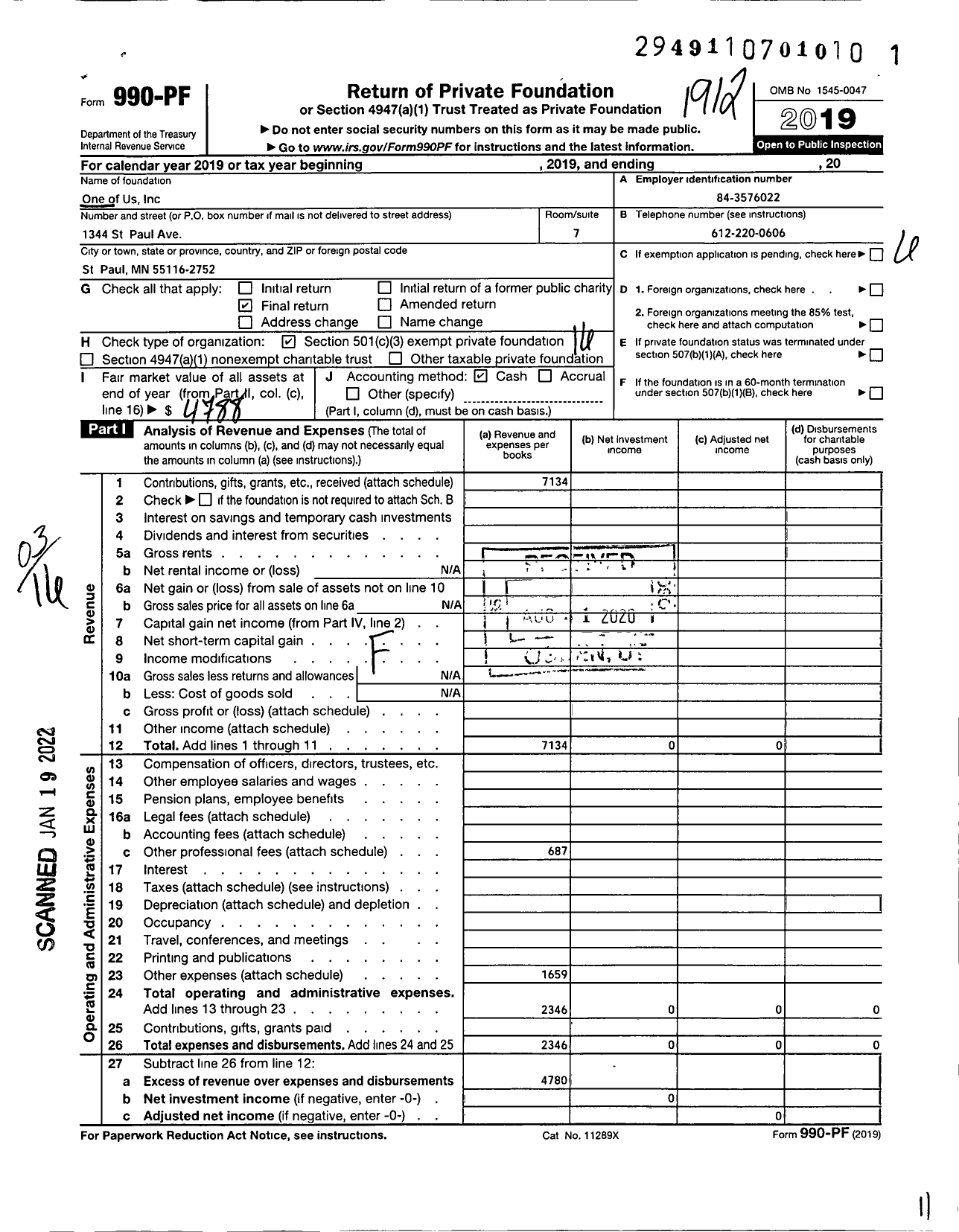 Image of first page of 2019 Form 990PF for One of Us
