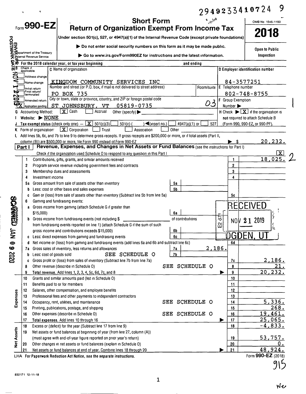 Image of first page of 2018 Form 990EZ for Kingdom Community Services