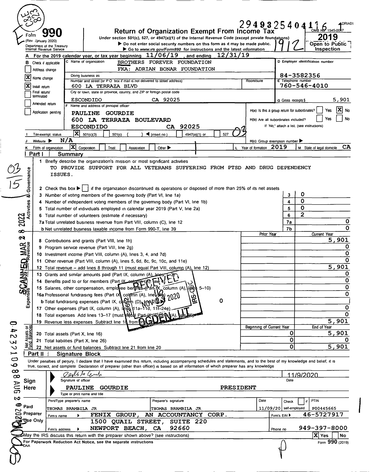 Image of first page of 2019 Form 990 for Brothers Forever Foundation