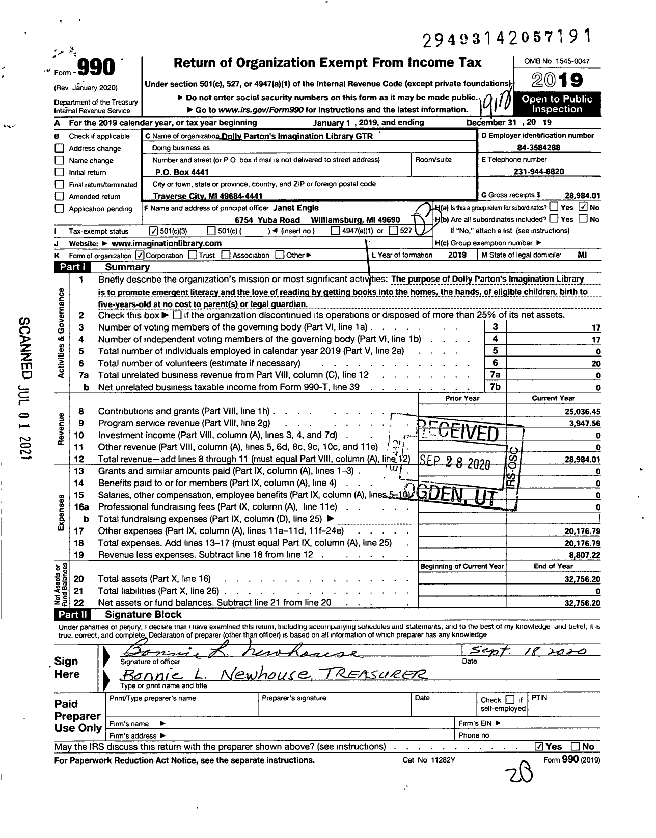 Image of first page of 2019 Form 990 for Dolly Parton's Imagination Library GTR