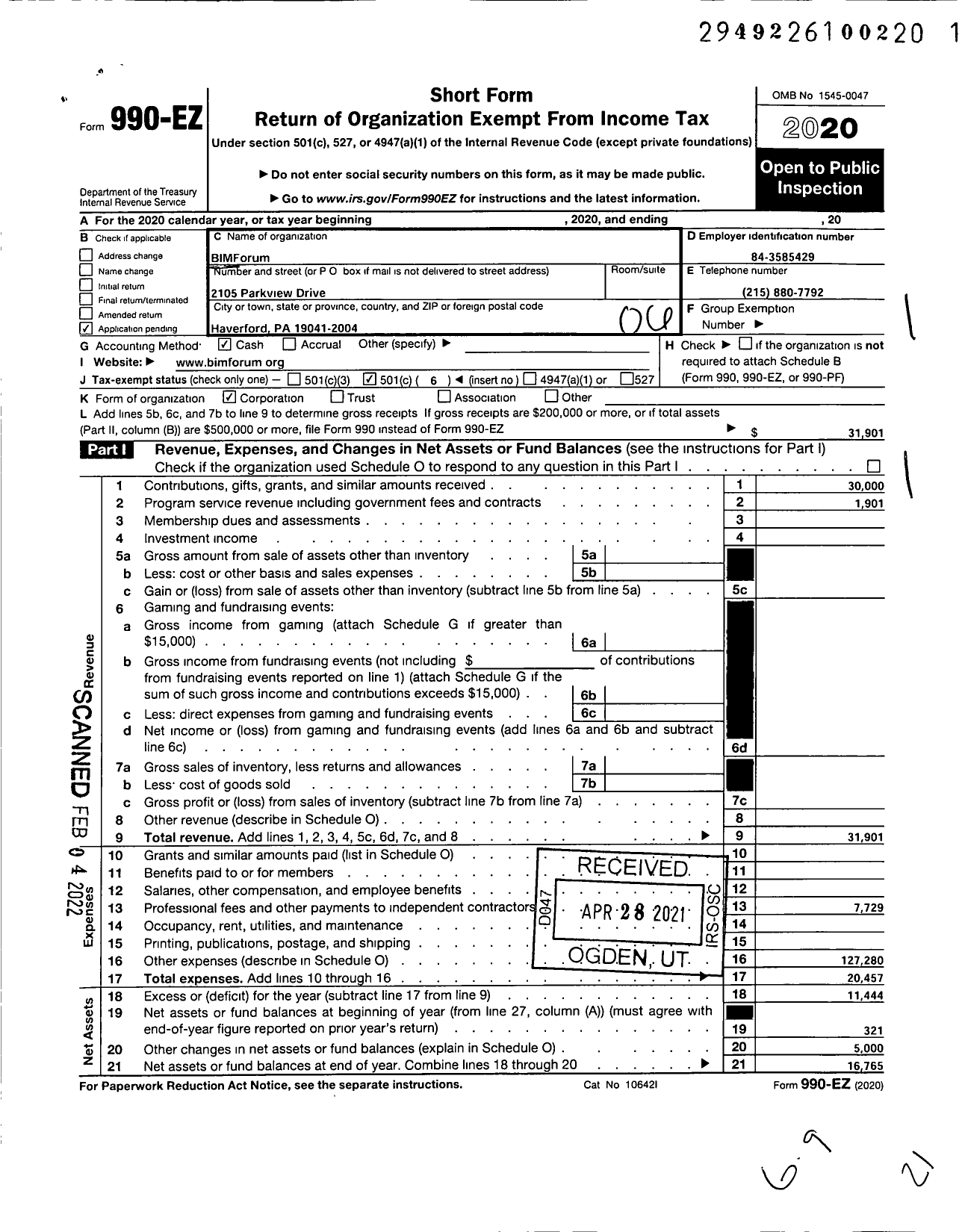 Image of first page of 2020 Form 990EO for Bimforum