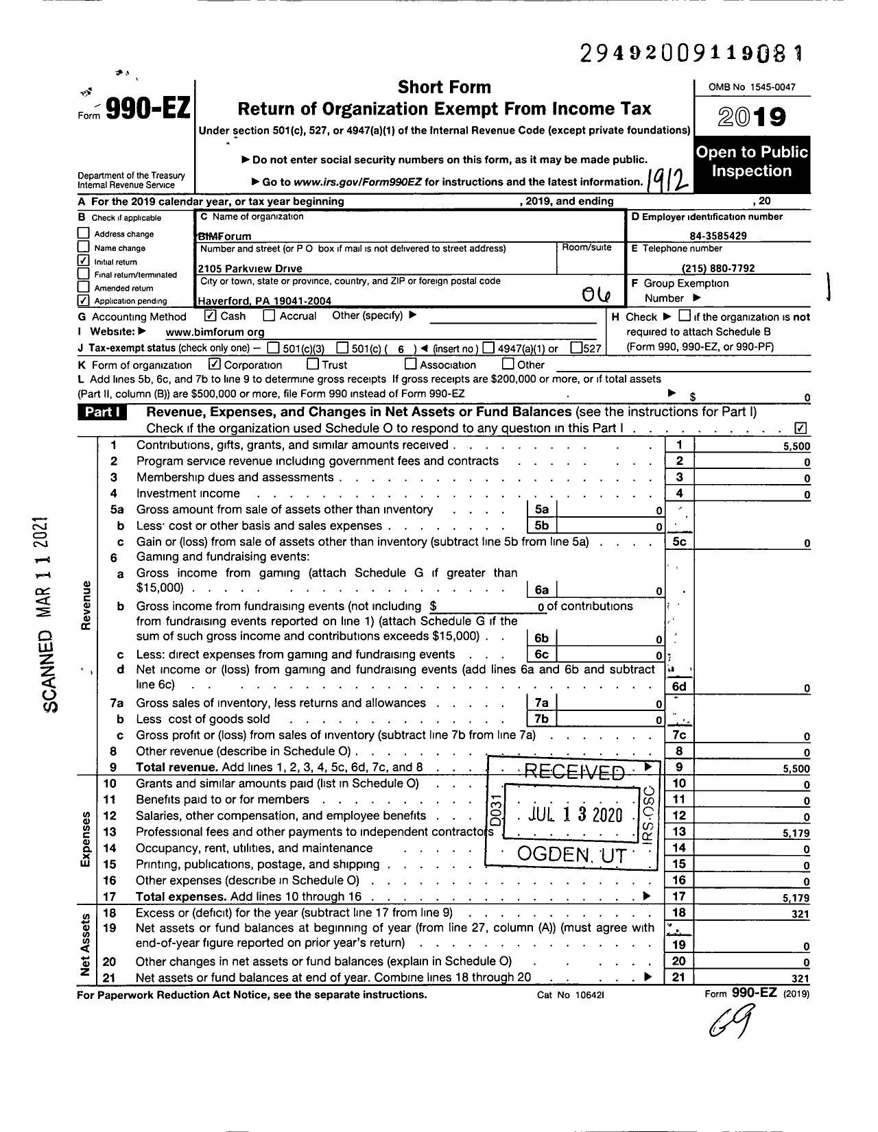 Image of first page of 2019 Form 990EO for Bimforum