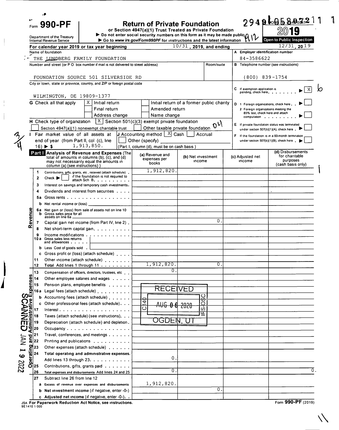 Image of first page of 2019 Form 990PF for The Lundberg Family Foundation