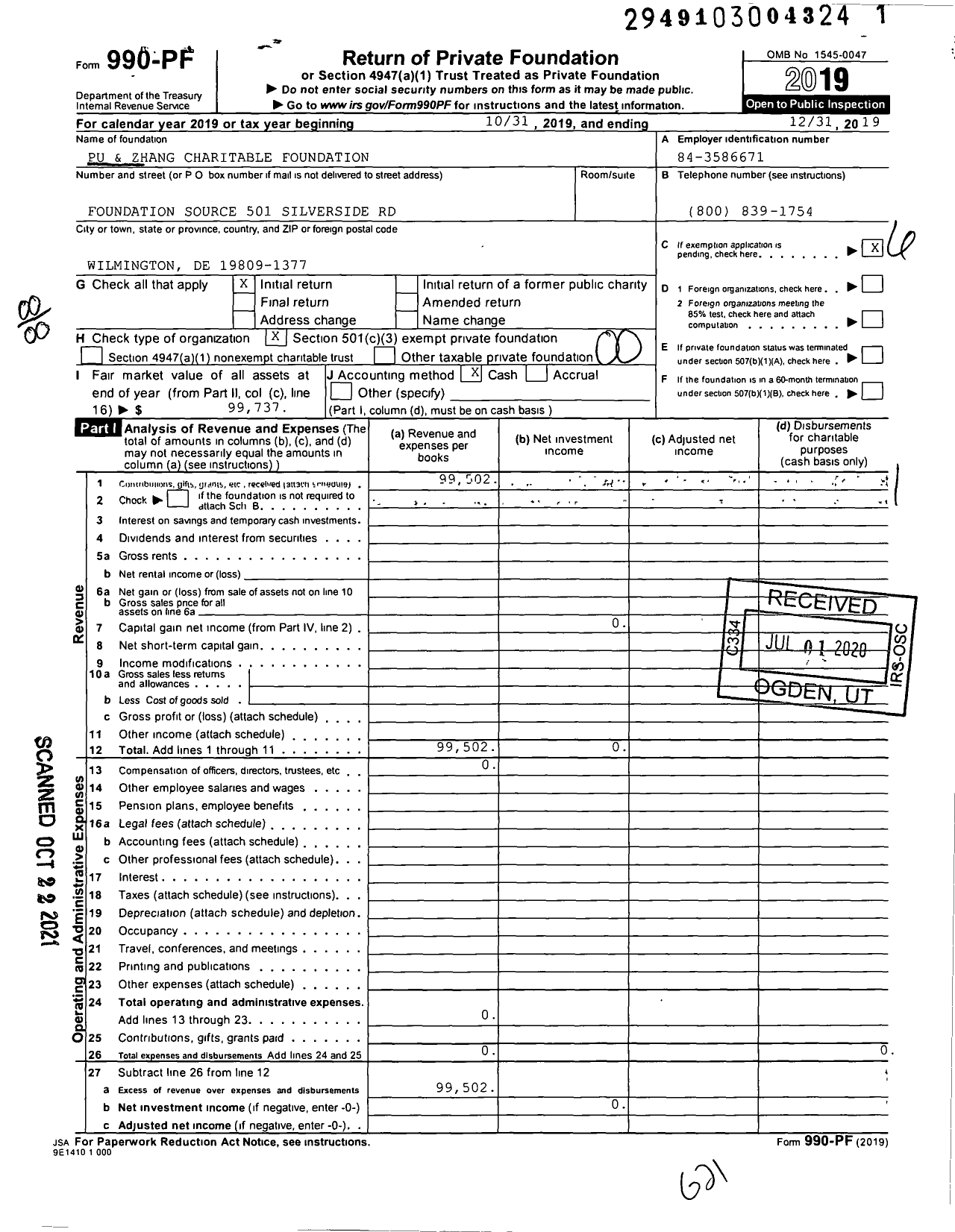 Image of first page of 2019 Form 990PF for Pu and Zhang Charitable Foundation