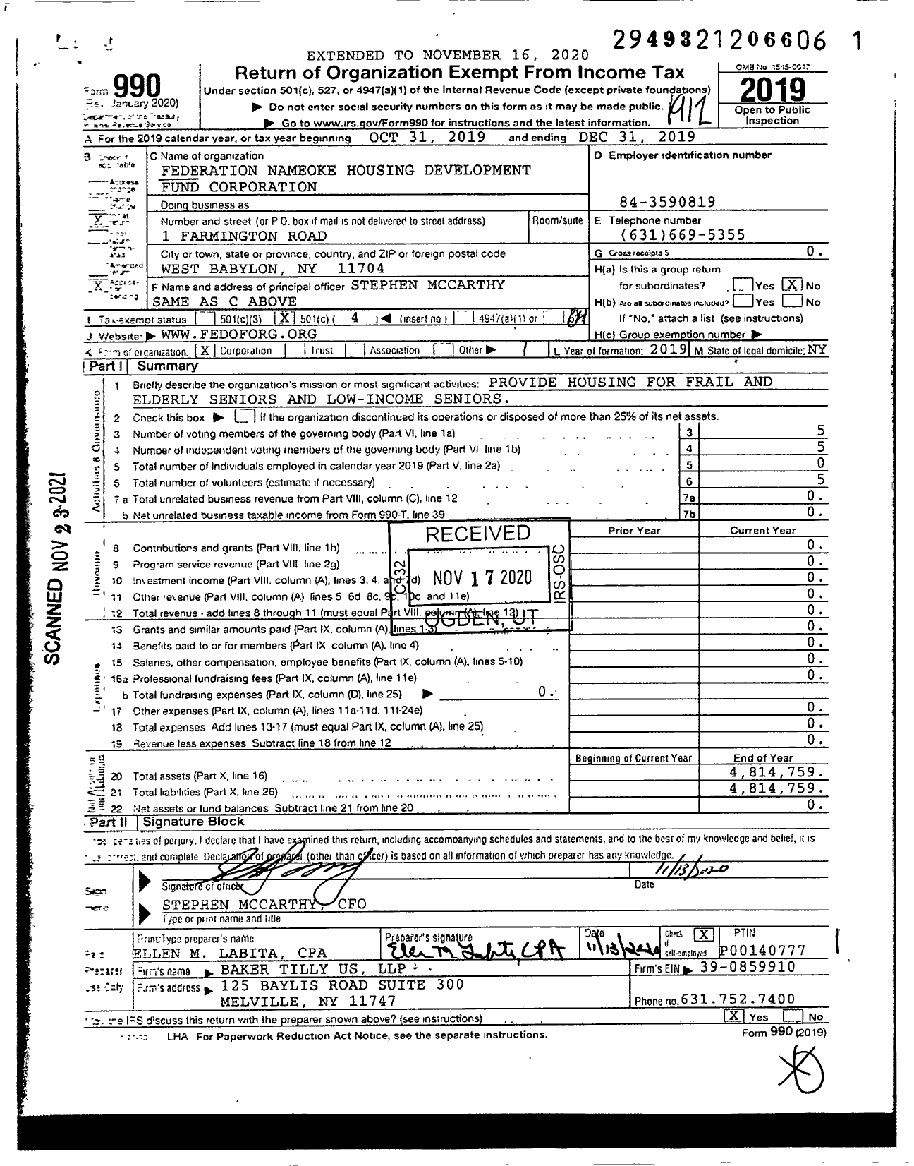 Image of first page of 2019 Form 990O for Federation Nameoke Housing Development Fund Corporation