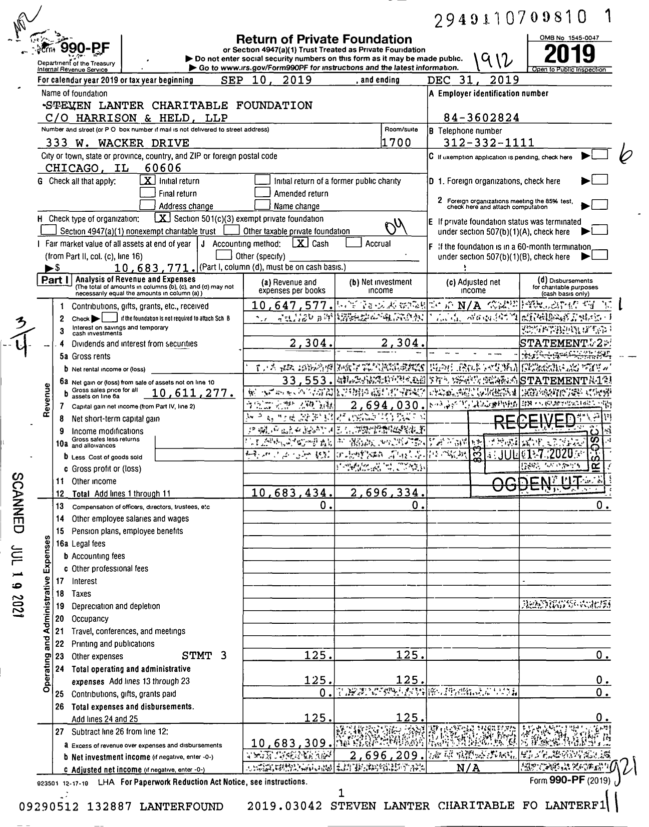 Image of first page of 2019 Form 990PF for Steven Lanter Charitable Foundation