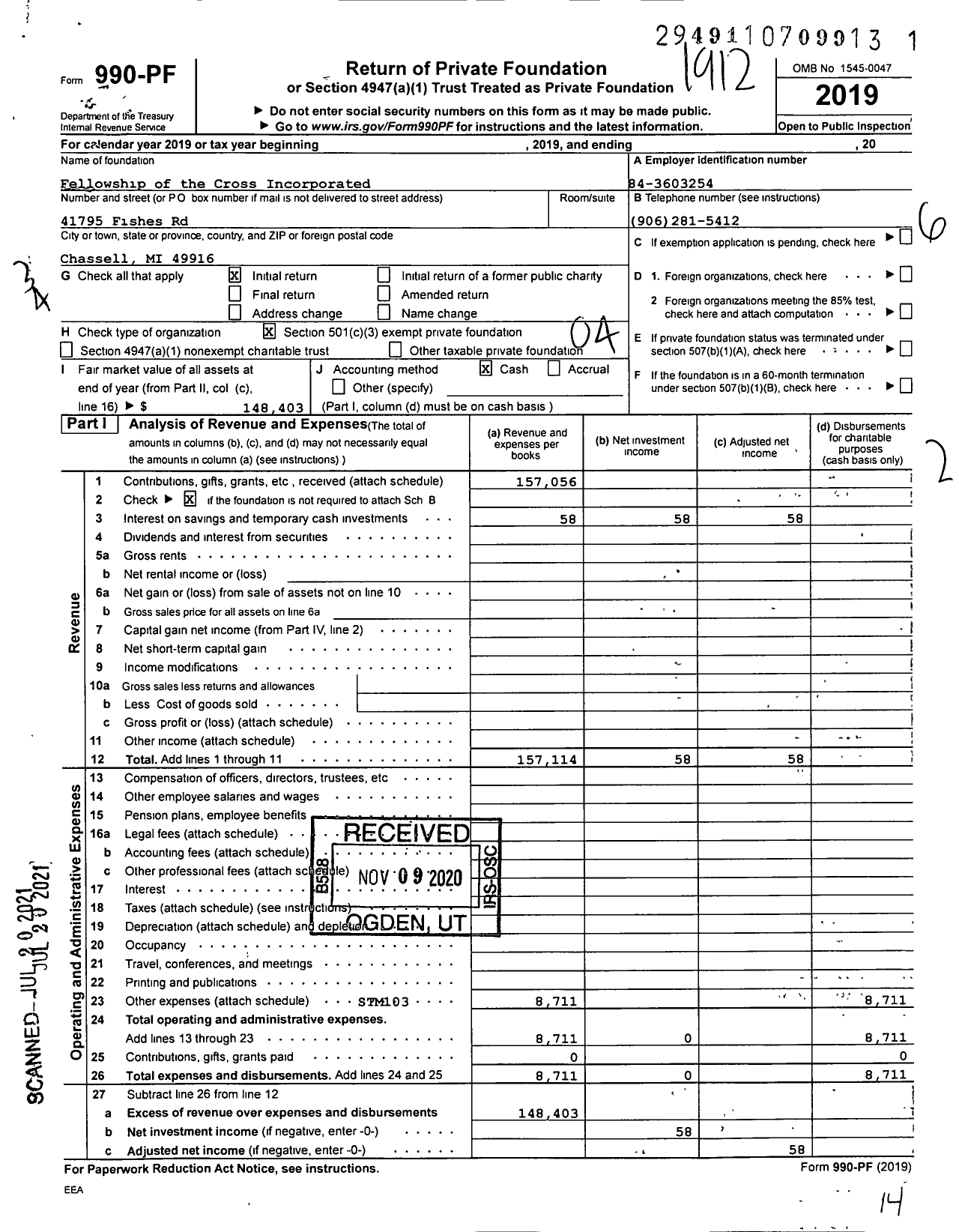 Image of first page of 2019 Form 990PF for Fellowship of the Cross Incorporated