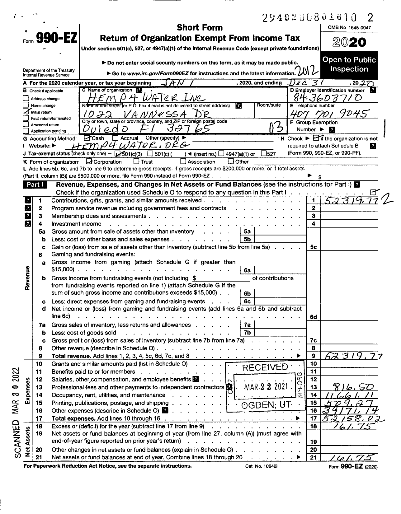 Image of first page of 2020 Form 990EZ for Hemp4Water
