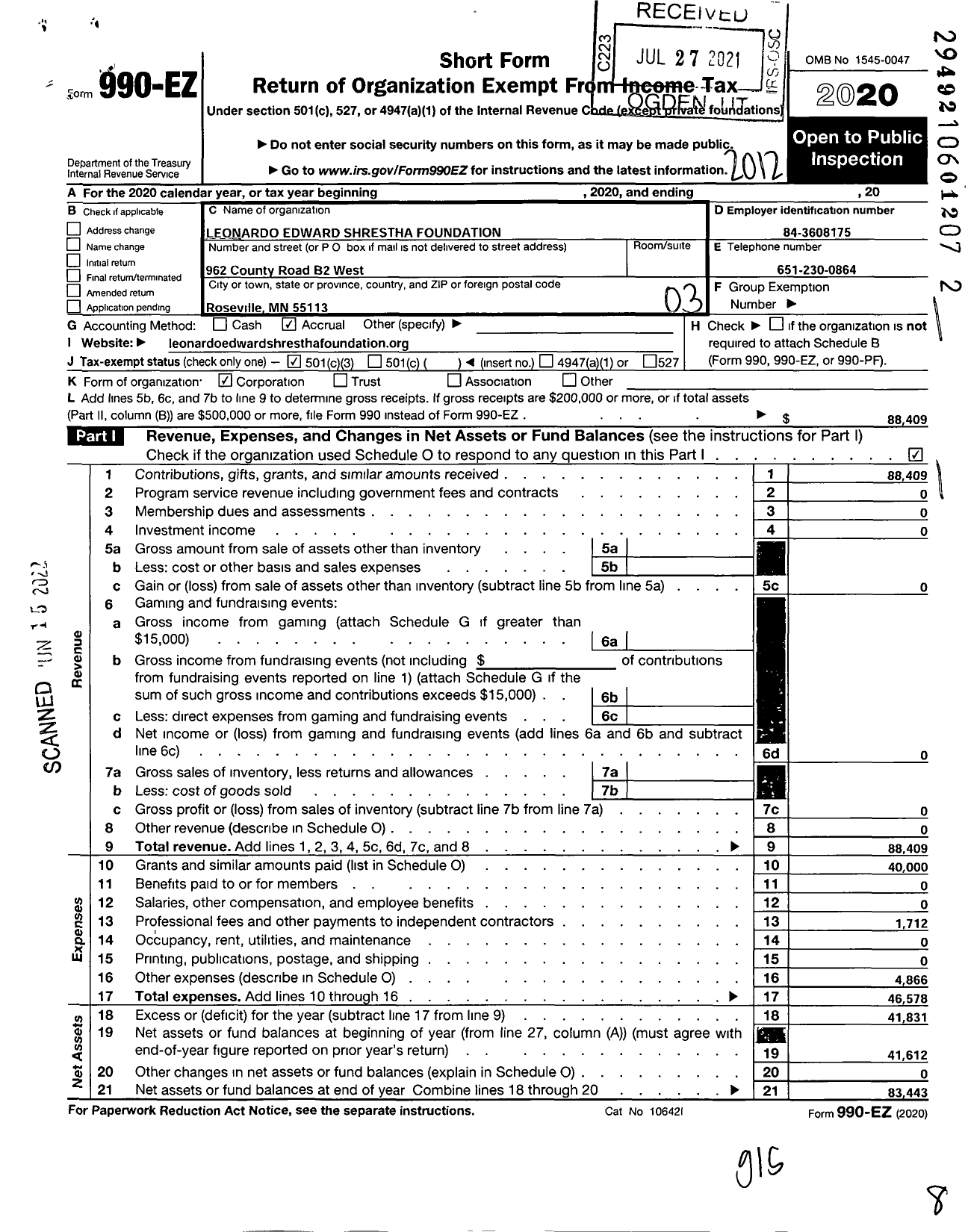 Image of first page of 2020 Form 990EZ for Leonardo Edward Shrestha Foundation