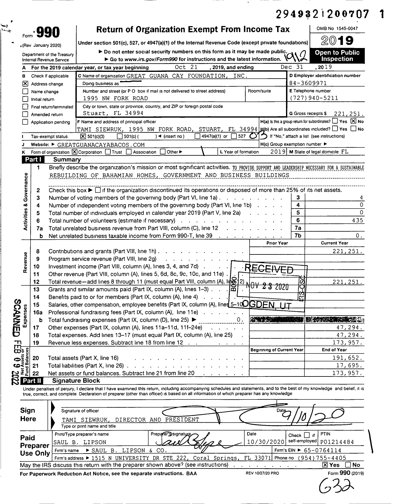 Image of first page of 2019 Form 990 for Great Guana Cay Foundation