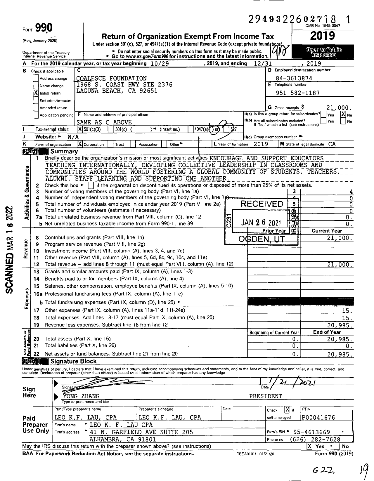 Image of first page of 2019 Form 990 for Coalesce Foundation