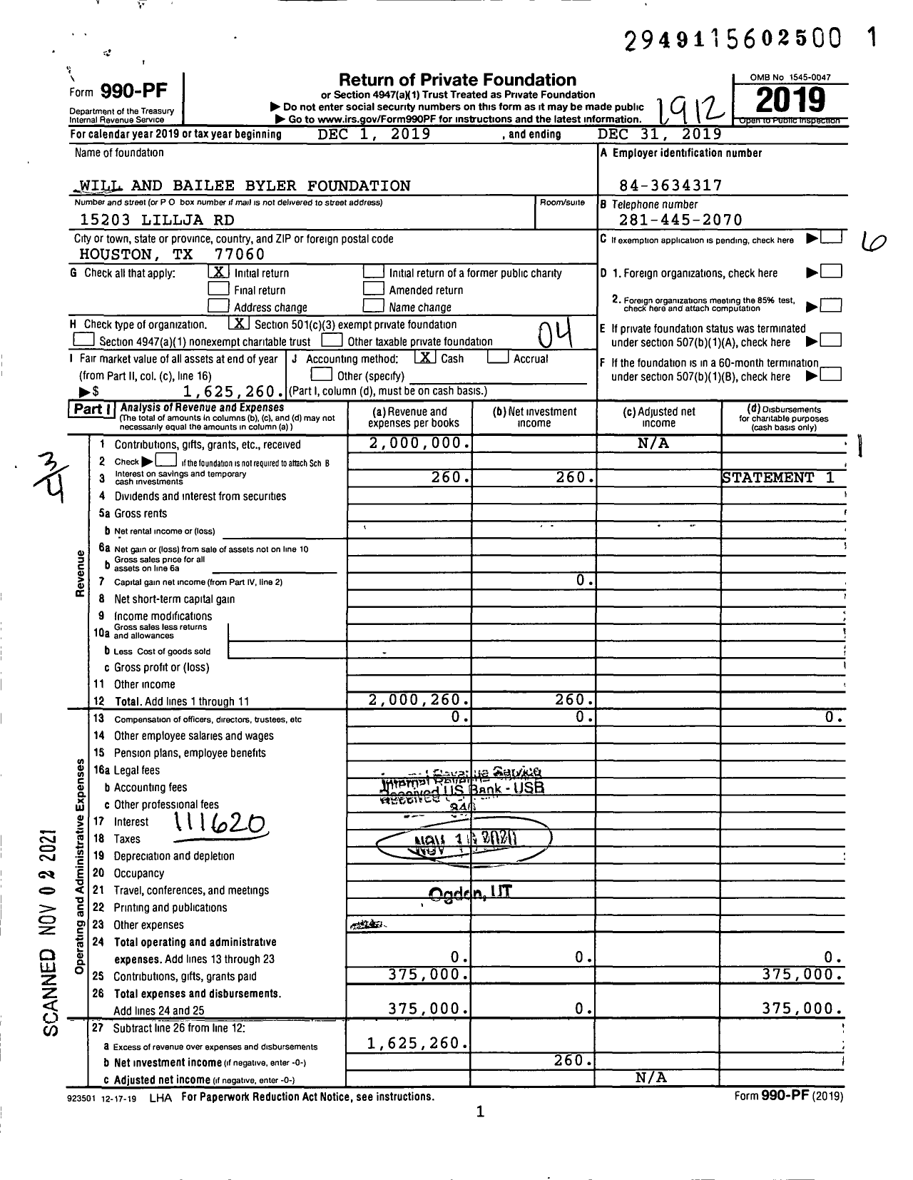 Image of first page of 2019 Form 990PF for Will and Bailee Byler Foundation