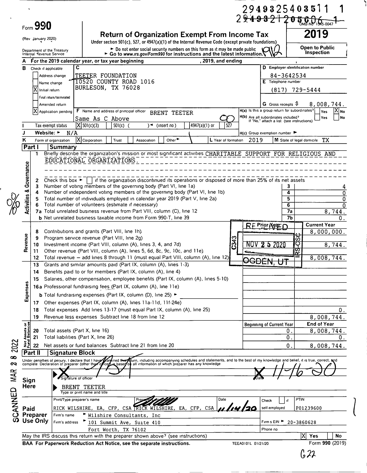 Image of first page of 2019 Form 990O for Teeter Foundation