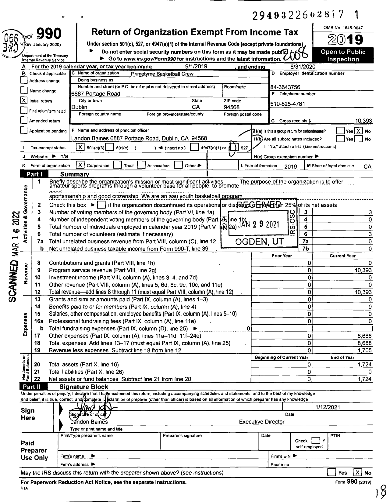 Image of first page of 2019 Form 990 for Amateur Athletic Union - Primetyme Basketball Crew