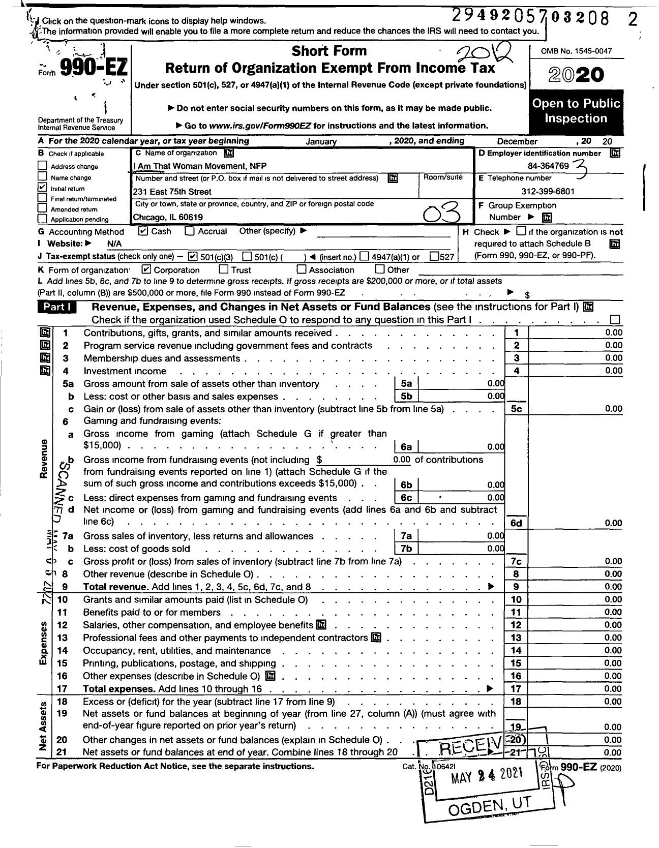 Image of first page of 2020 Form 990EZ for I Am That Woman Movement