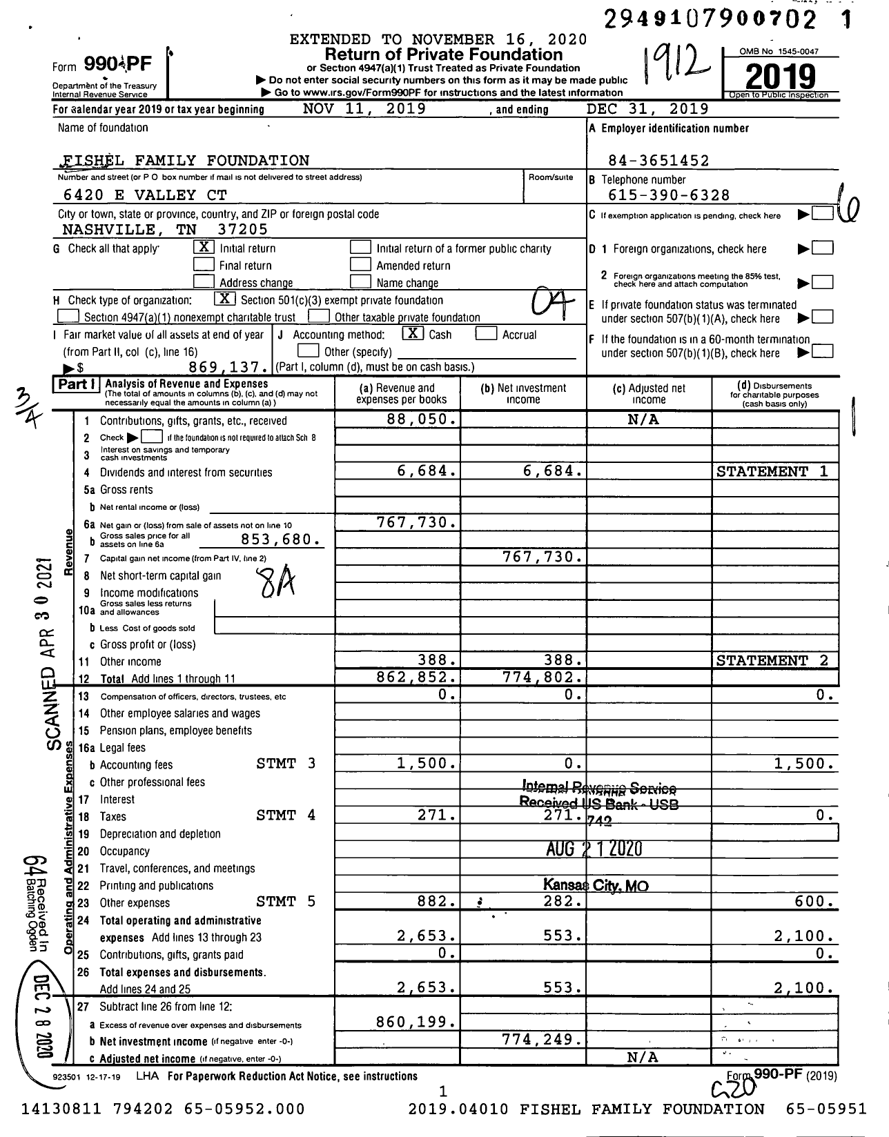 Image of first page of 2019 Form 990PF for Fishel Family Foundation