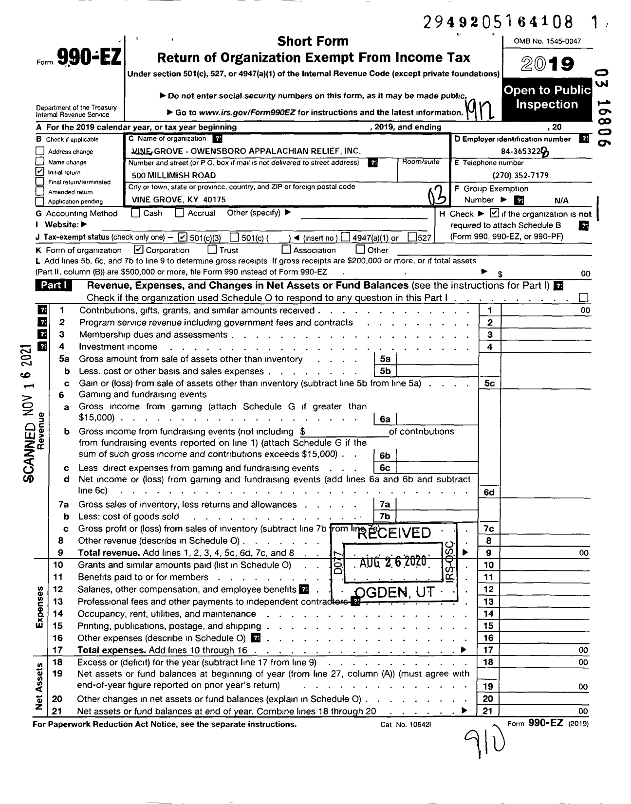 Image of first page of 2019 Form 990EZ for Vine Grove - Owensboro Appalachian Relief