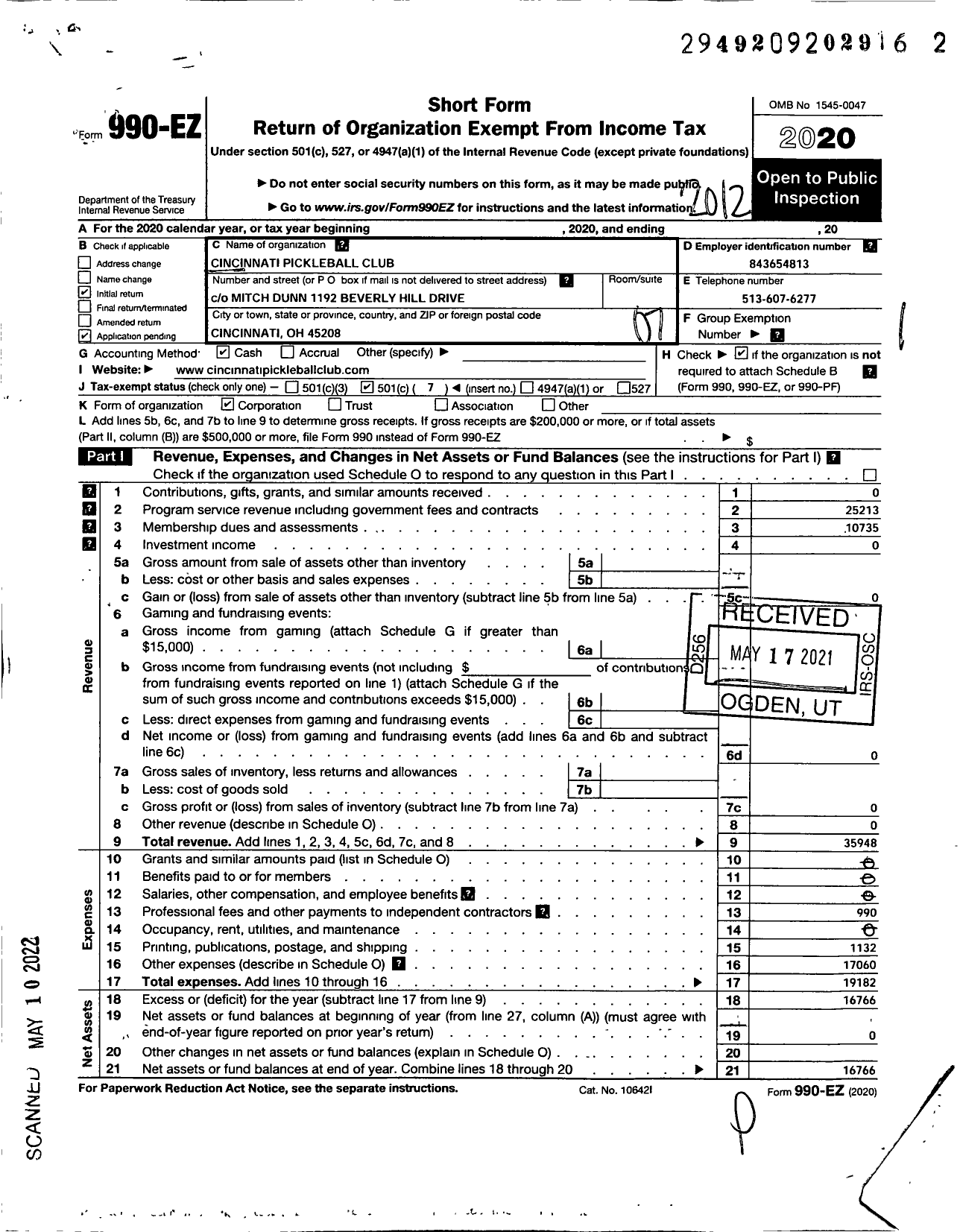 Image of first page of 2020 Form 990EO for Cincinnati Pickleball Club