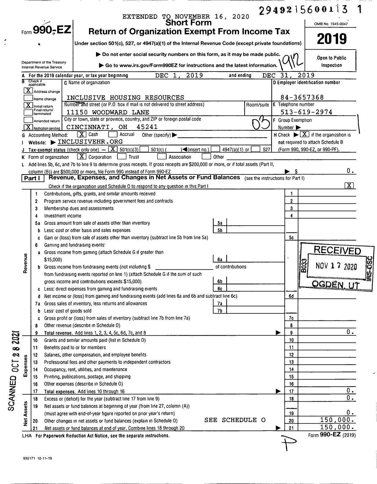 Image of first page of 2019 Form 990EZ for Inclusive Housing Resources