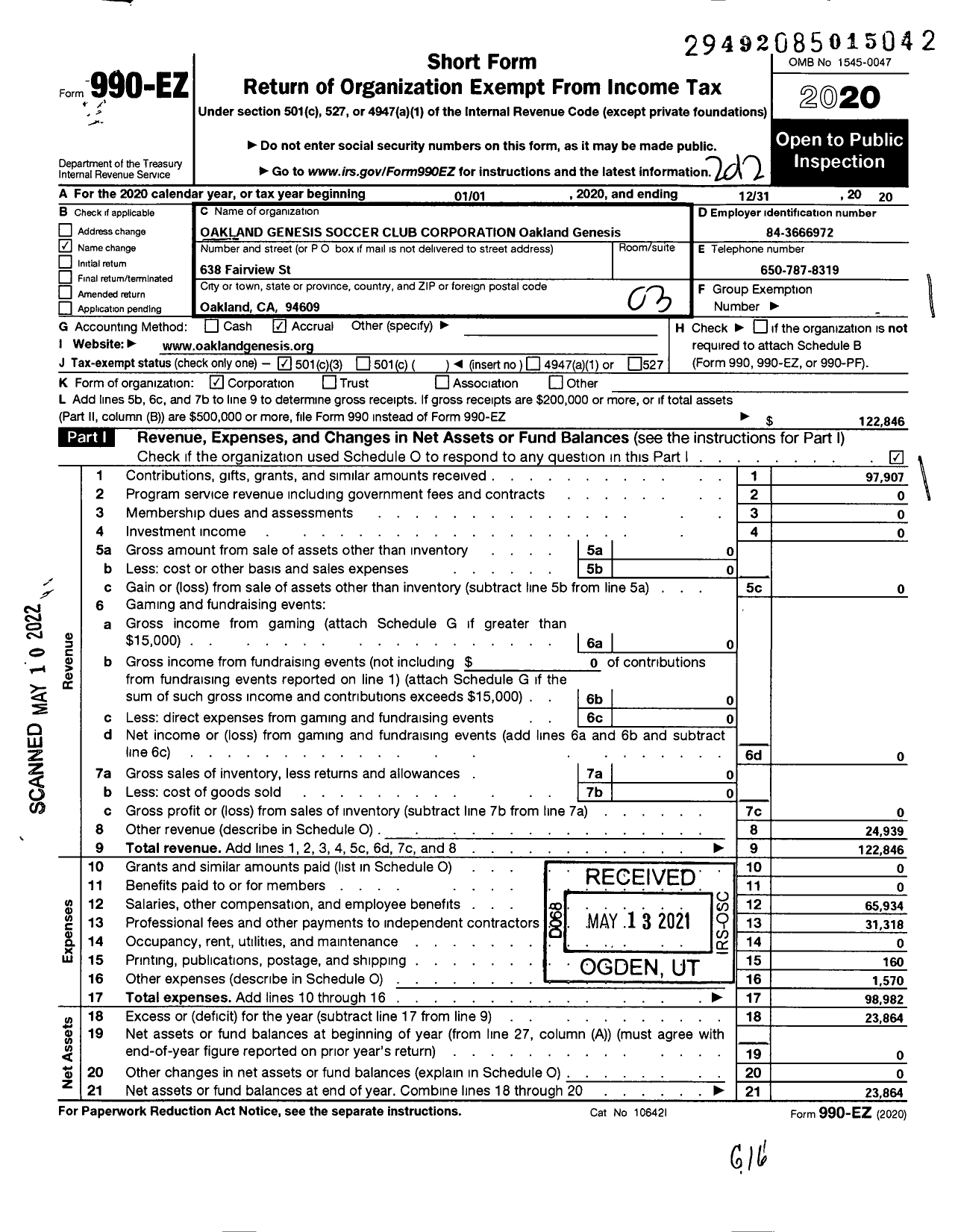 Image of first page of 2020 Form 990EZ for Oakland Genesis Soccer Club