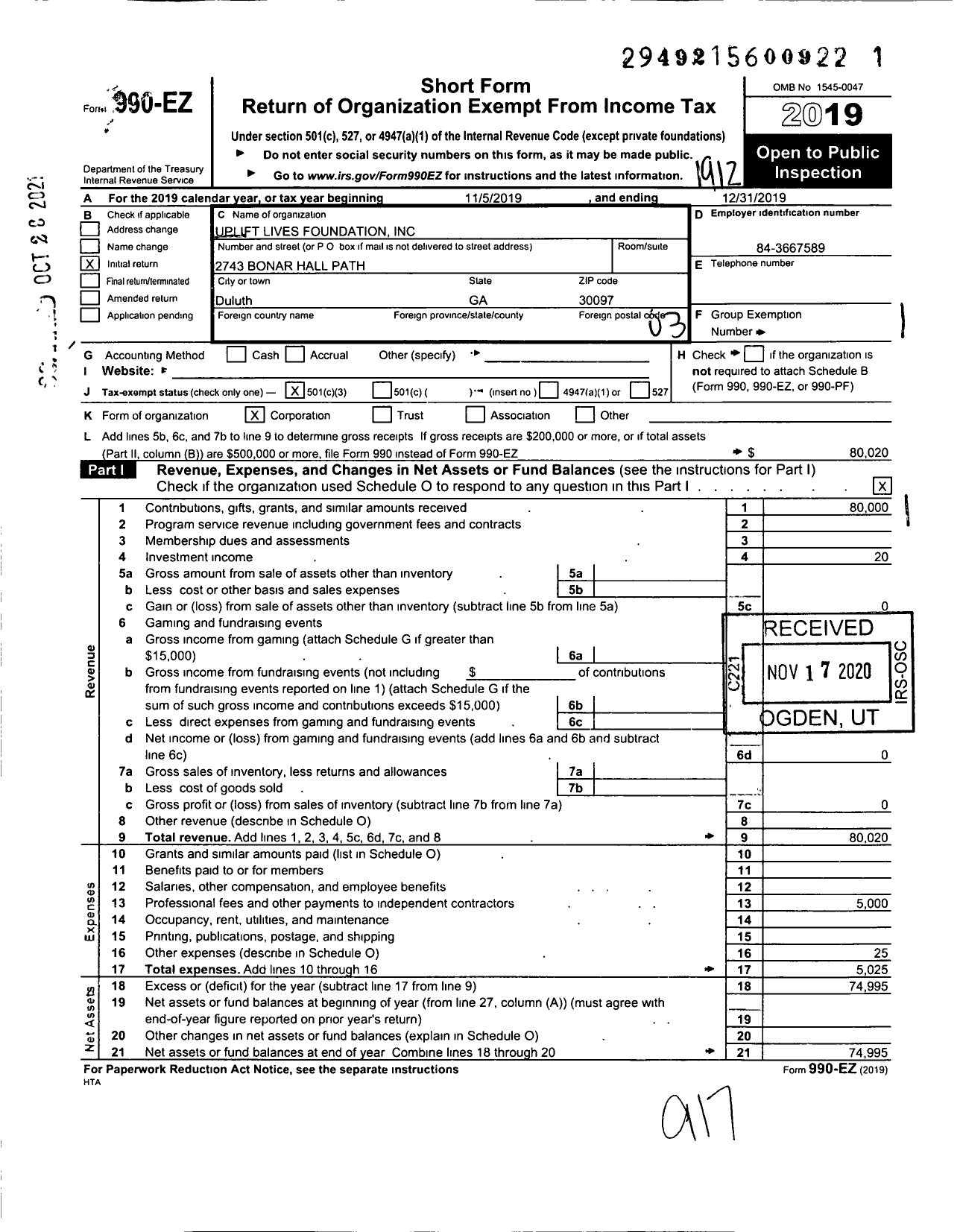 Image of first page of 2019 Form 990EZ for Uplift Lives Foundation