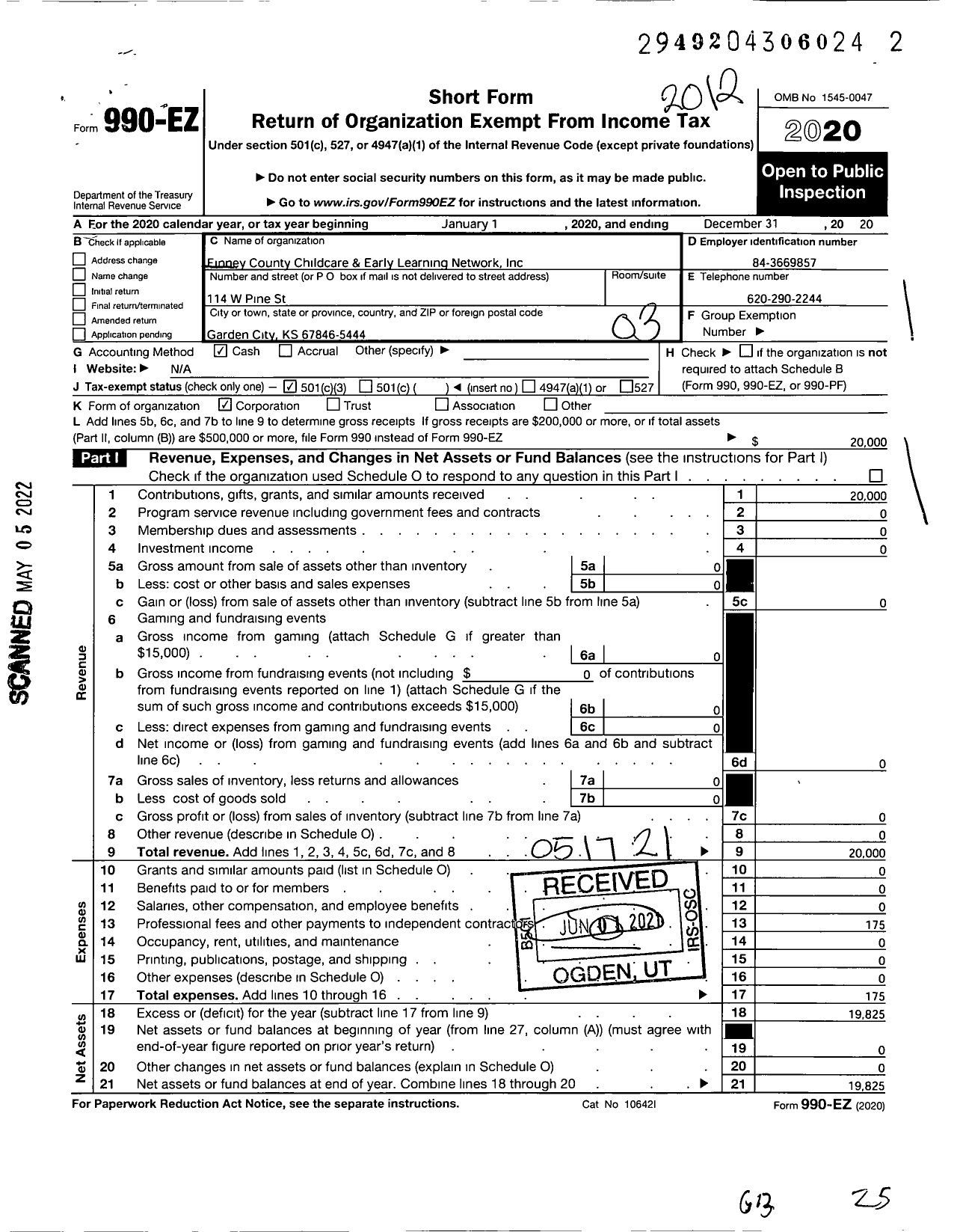 Image of first page of 2020 Form 990EZ for Finney County Childcare and Early Learning Network