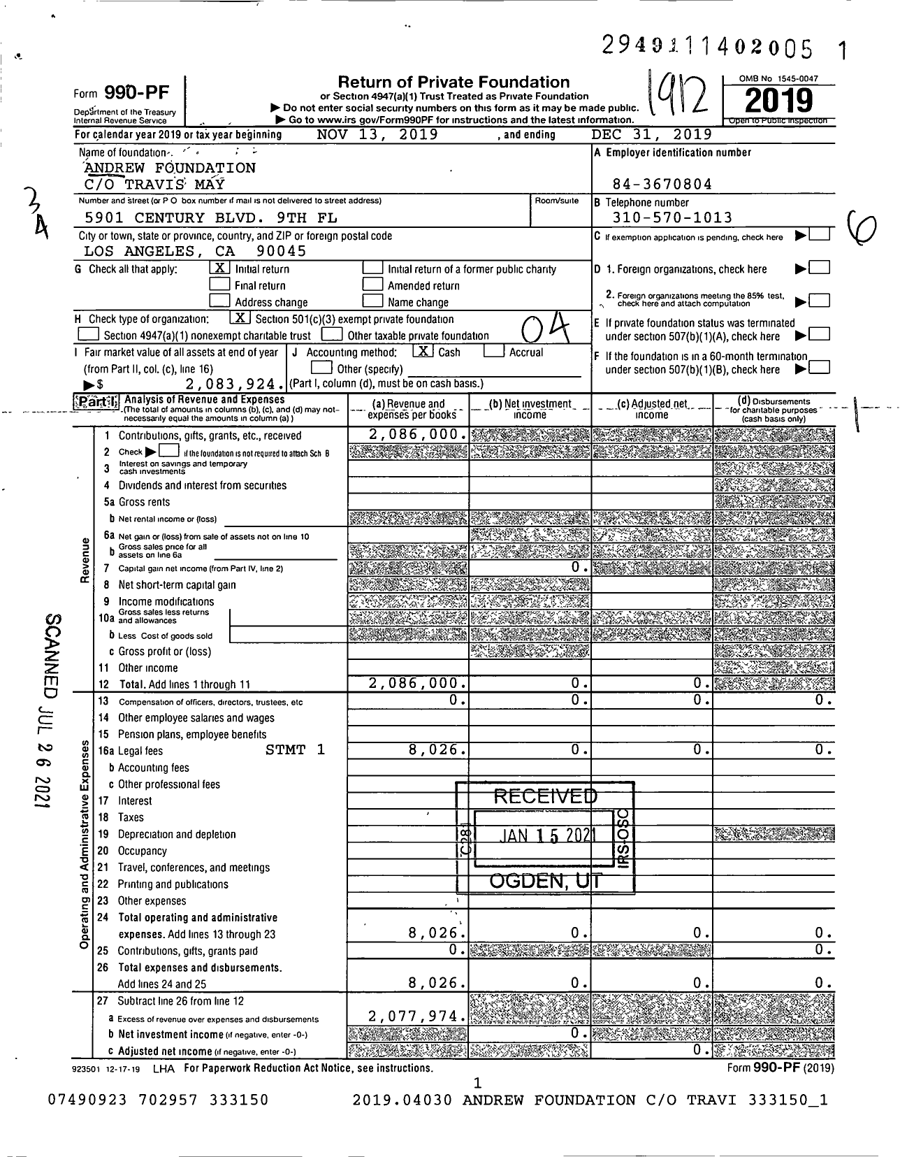 Image of first page of 2019 Form 990PF for Andrew Foundation