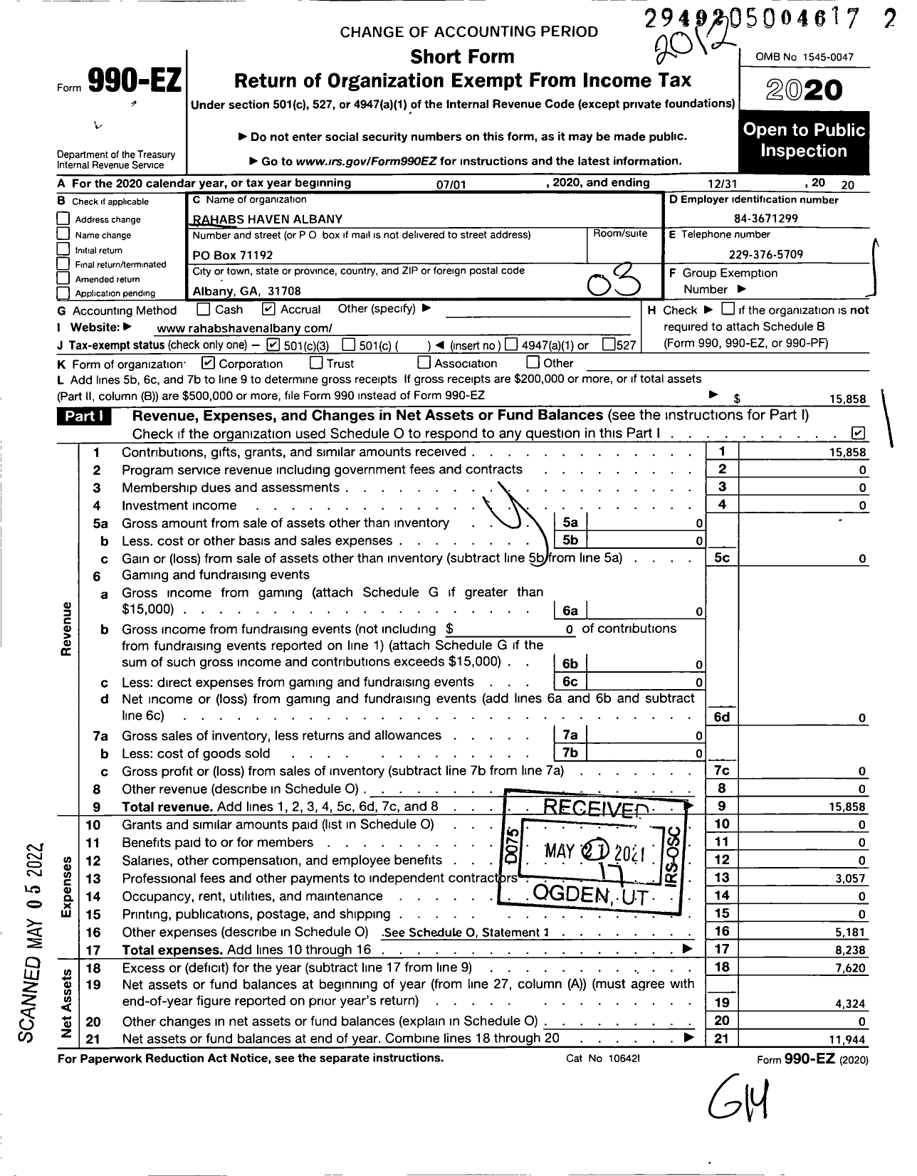 Image of first page of 2020 Form 990EZ for Rahabs Haven Albany